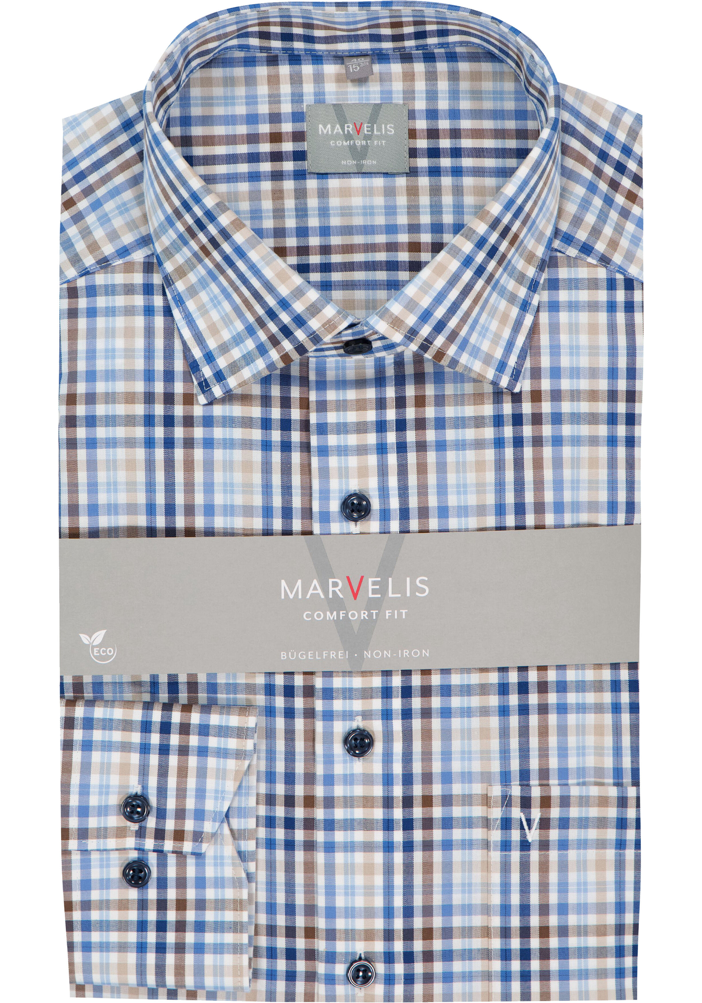 MARVELIS comfort fit overhemd, popeline, wit met blauw, beige en bruin geruit