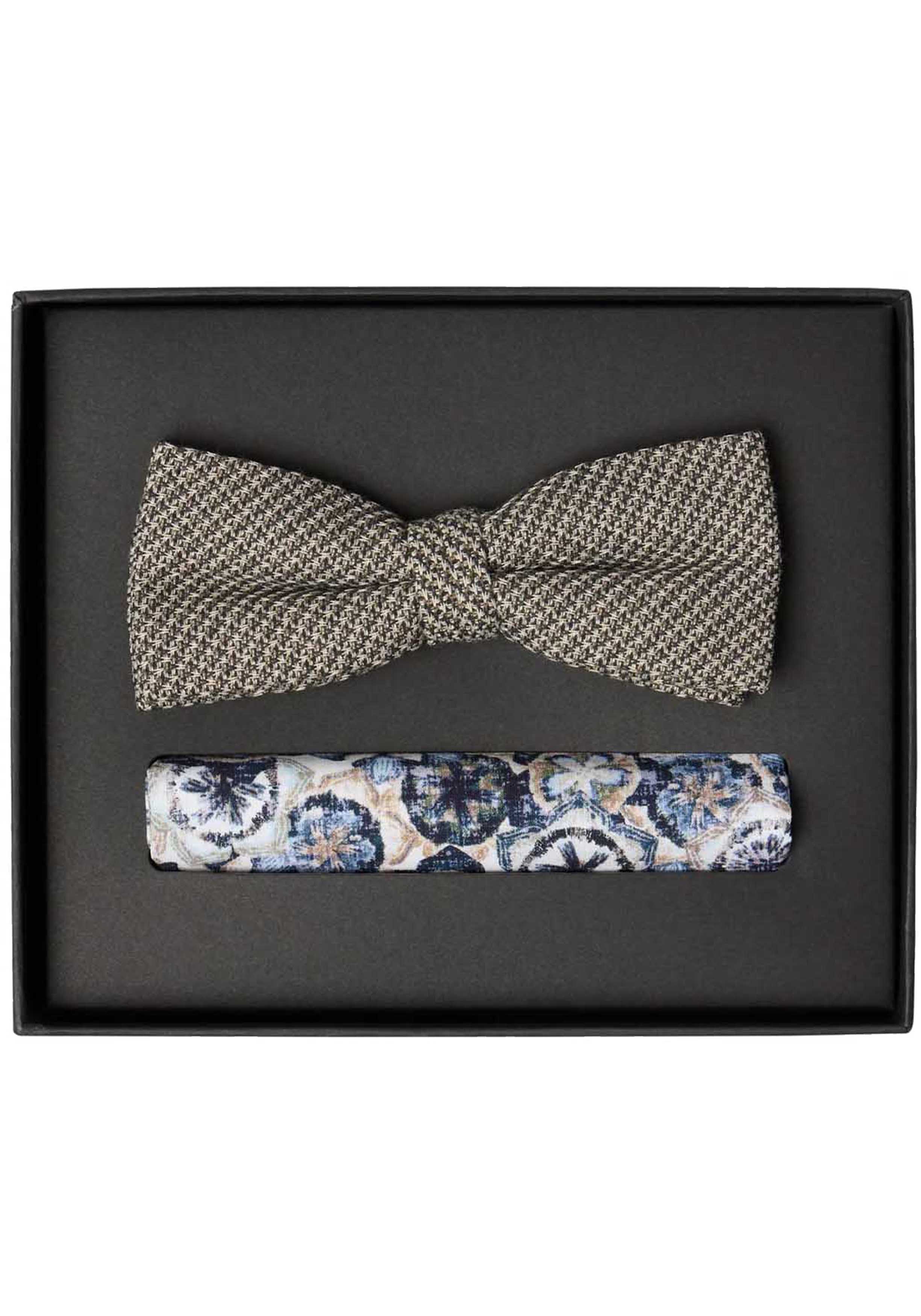 VENTI set met vlinderdas en pochet, beige met blauw en wit dessin