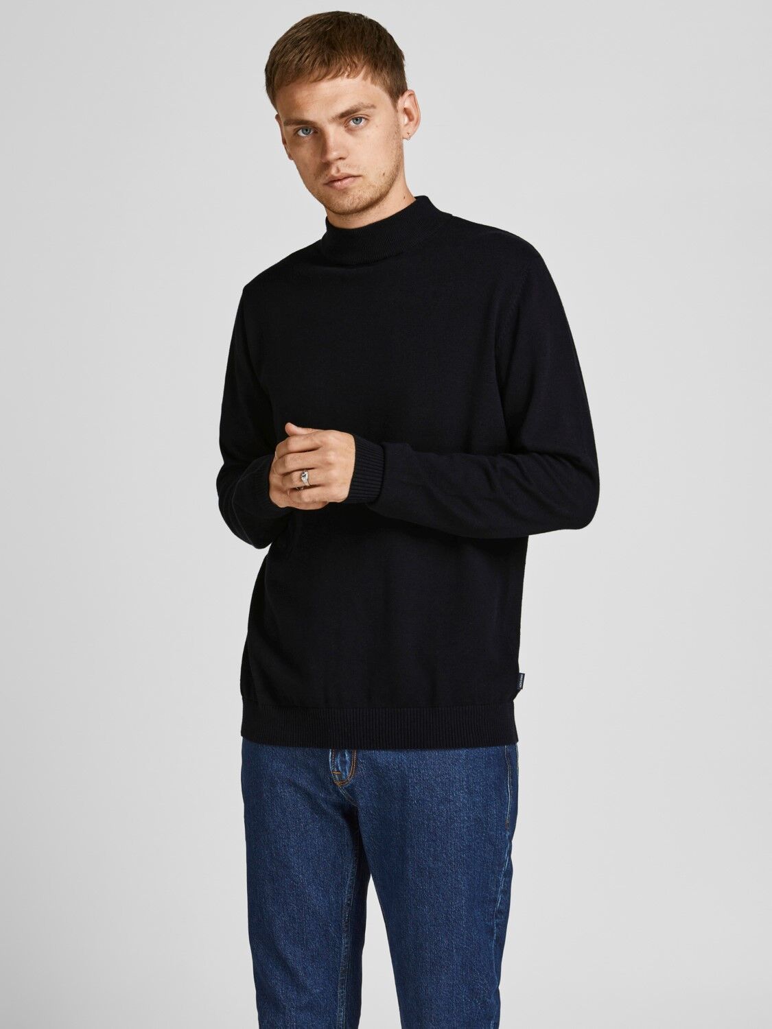 JACK & JONES Basic knit mock neck slim fit, heren pullover katoen met turtleneck, zwart