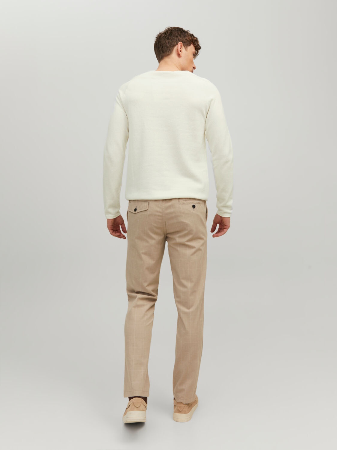 JACK & JONES Hill knit crew neck slim fit, heren pullover katoen met O-hals, offwhite