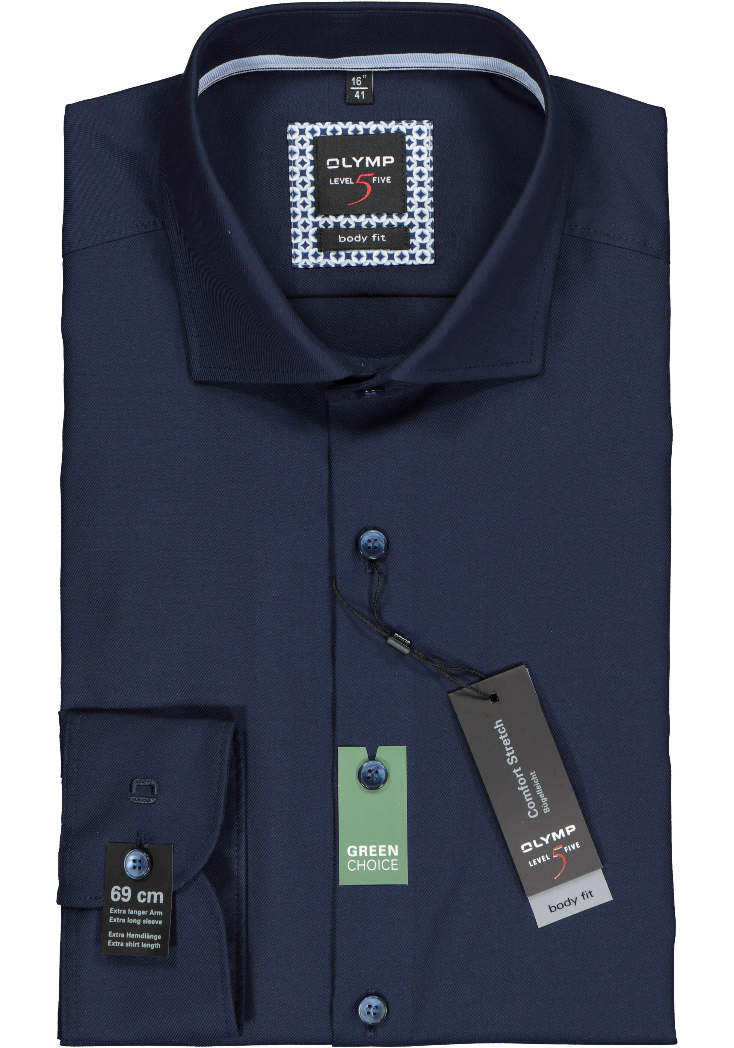 OLYMP Level 5 body fit overhemd, mouwlengte 7, nachtblauw twill (contrast)