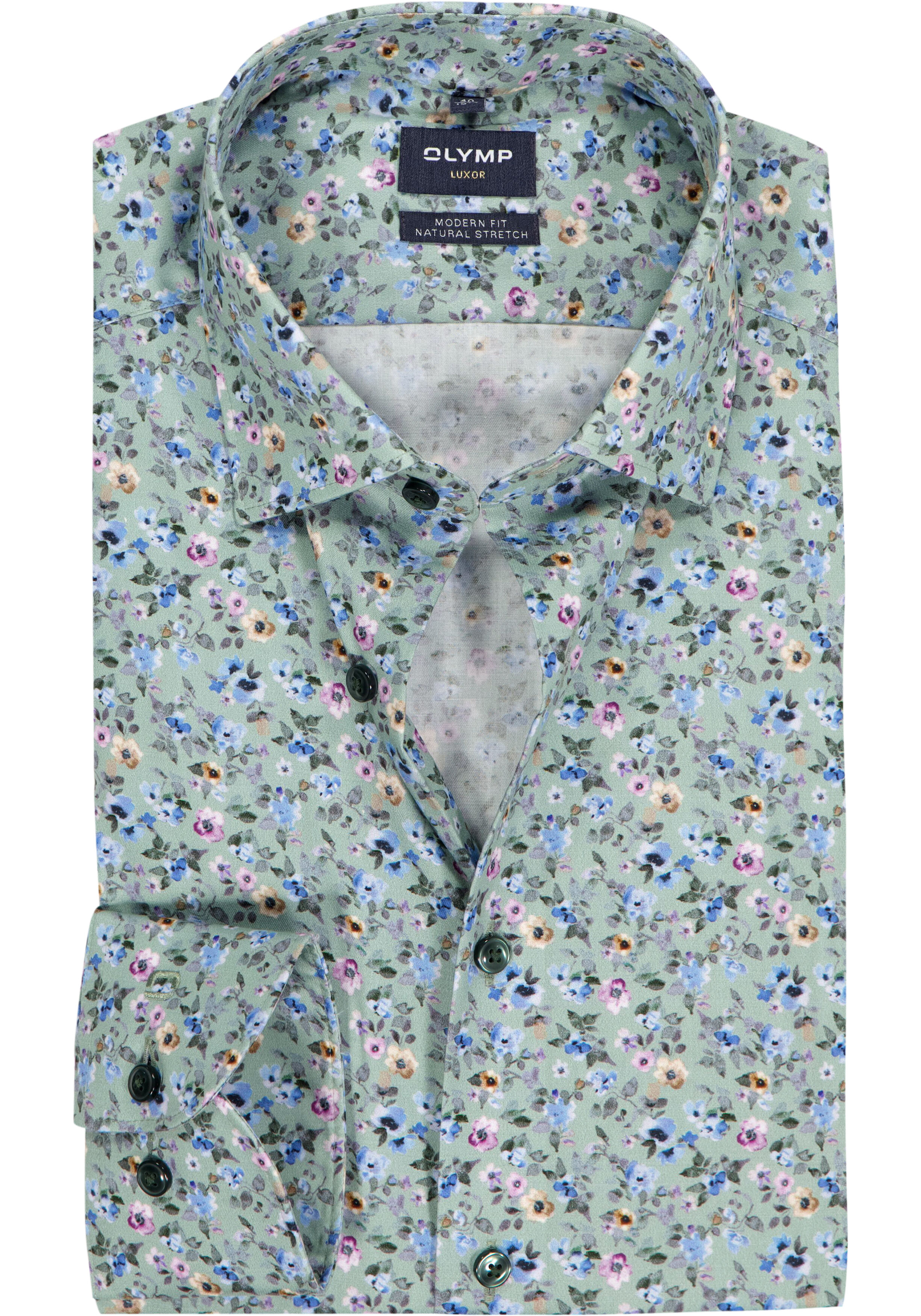 OLYMP Luxor modern fit overhemd, dobby, groen met blauw en roze bloemetjes dessin