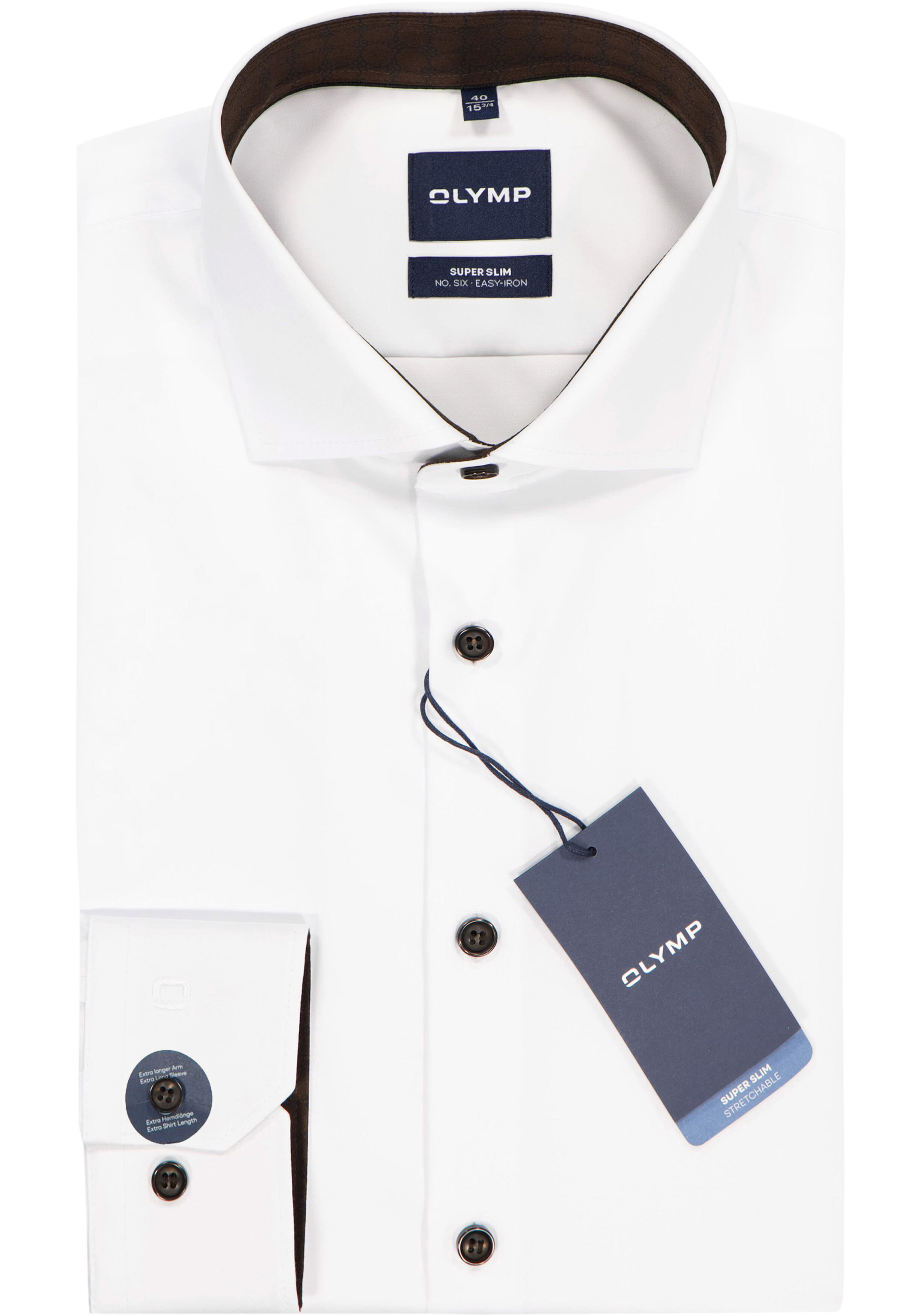 OLYMP No. 6 Six super slim fit overhemd, mouwlengte 7, satijnbinding, wit