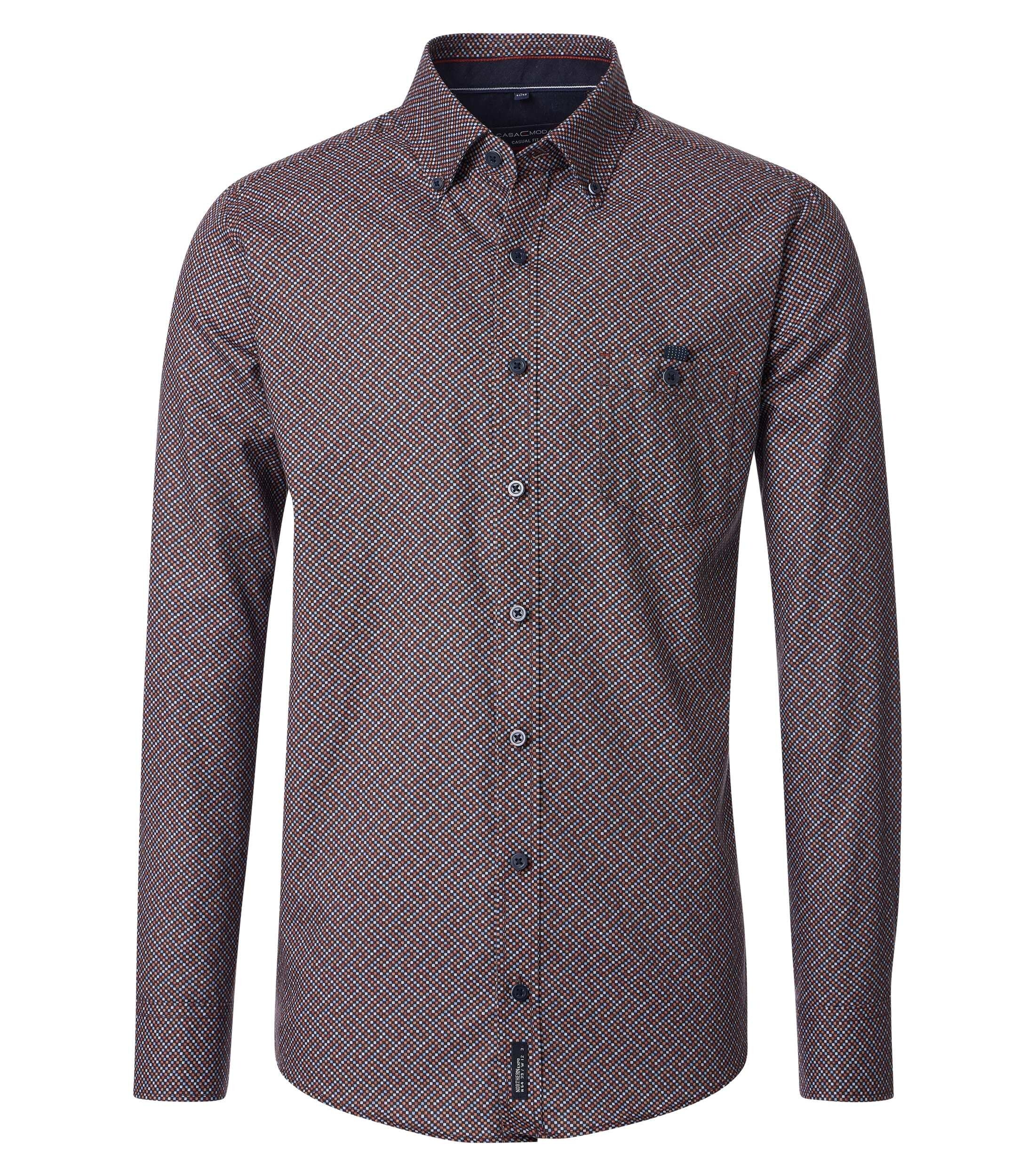 CASA MODA Sport casual fit overhemd, twill, bruin met donkerrood en blauw dessin