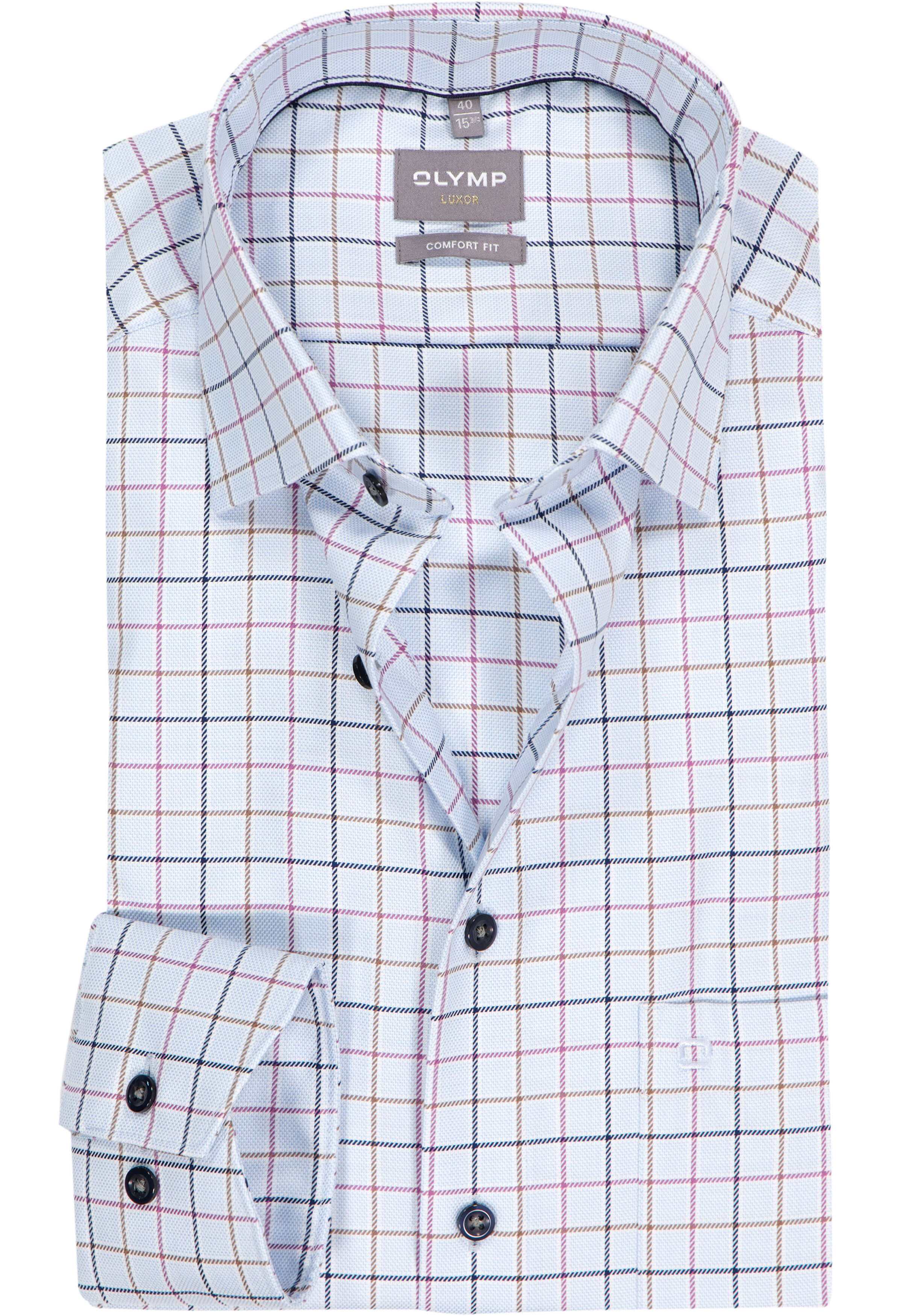 OLYMP Luxor comfort fit overhemd, popeline, lichtblauw met donkerblauw en bruin geruit