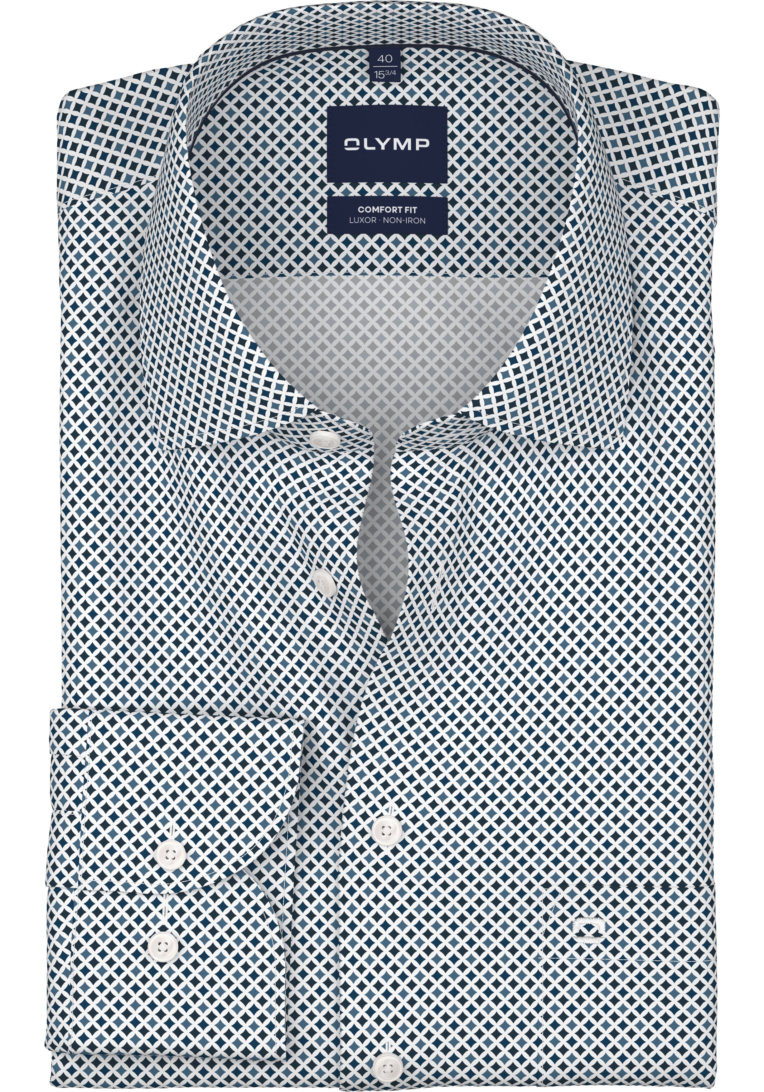 OLYMP Luxor comfort fit overhemd, mouwlengte 7, popeline, wit met licht- en donkerblauw dessin