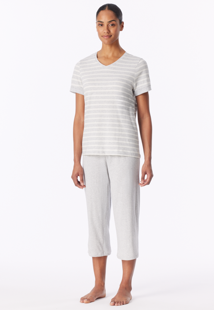 SCHIESSER dames Cotton Essentials Pyjama lang, dames pyjama set, zilvergrijs melange gestreept