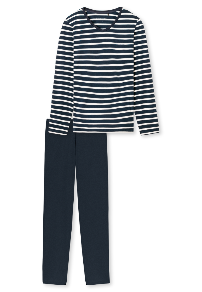 SCHIESSER dames Cotton Essentials Pyjama lang, dames pyjama set, nachtblauw gestreept