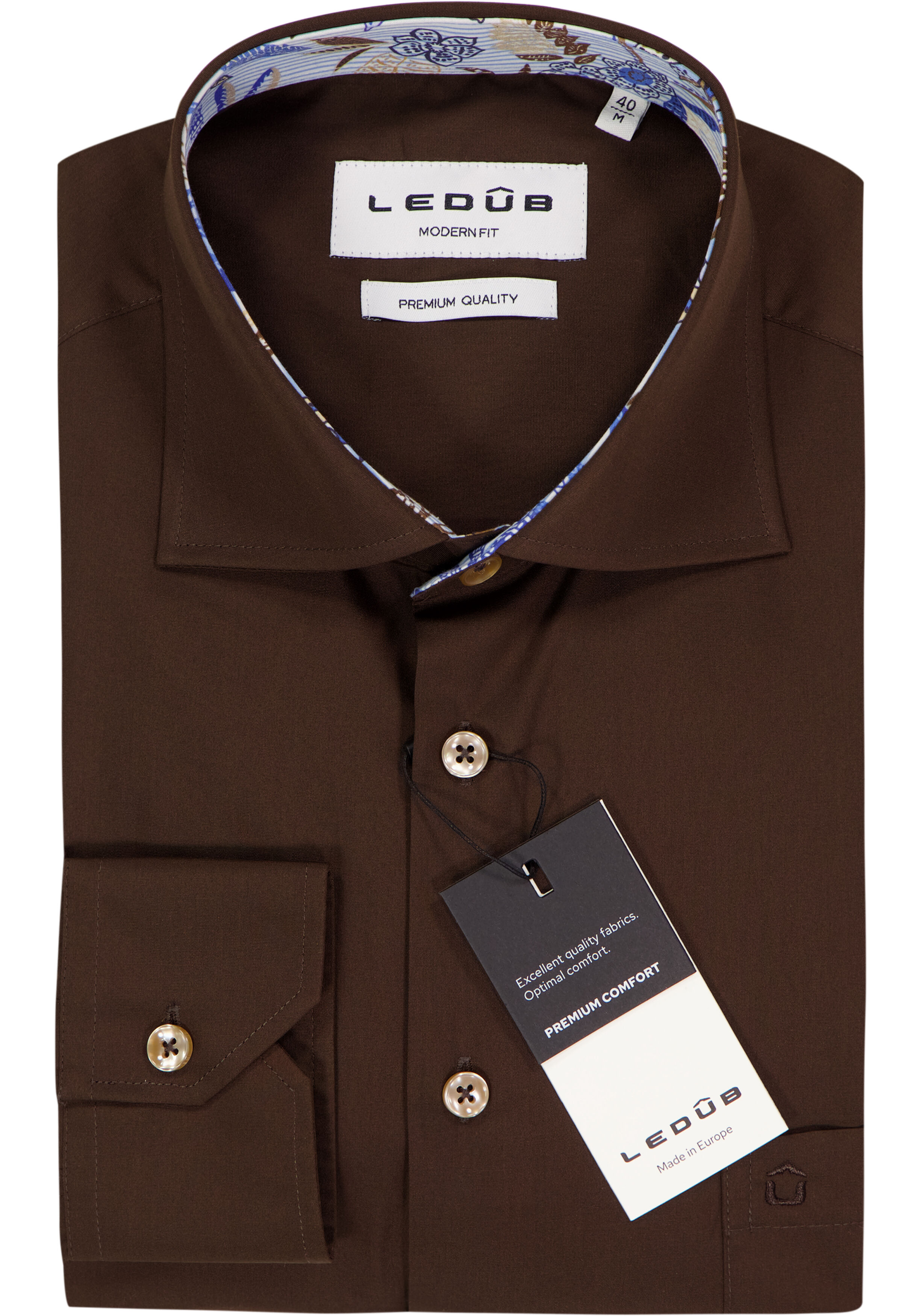 Ledub modern fit overhemd, popeline, donkerbruin