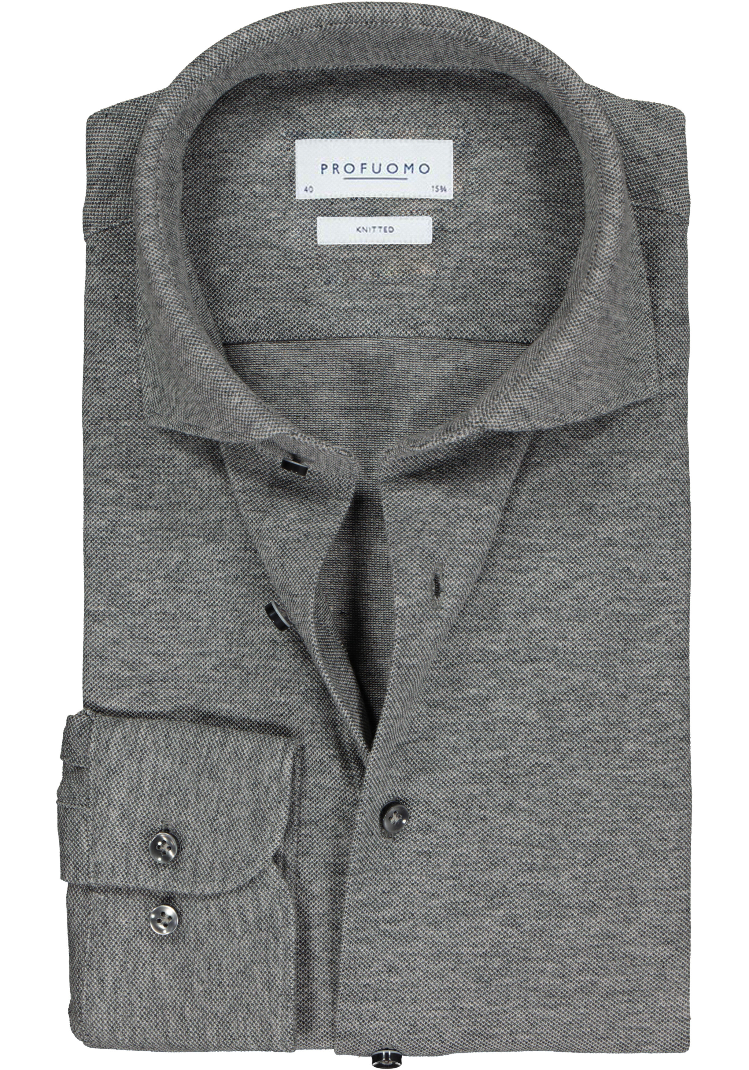 Profuomo slim fit jersey overhemd, knitted shirt pique, antraciet grijs melange