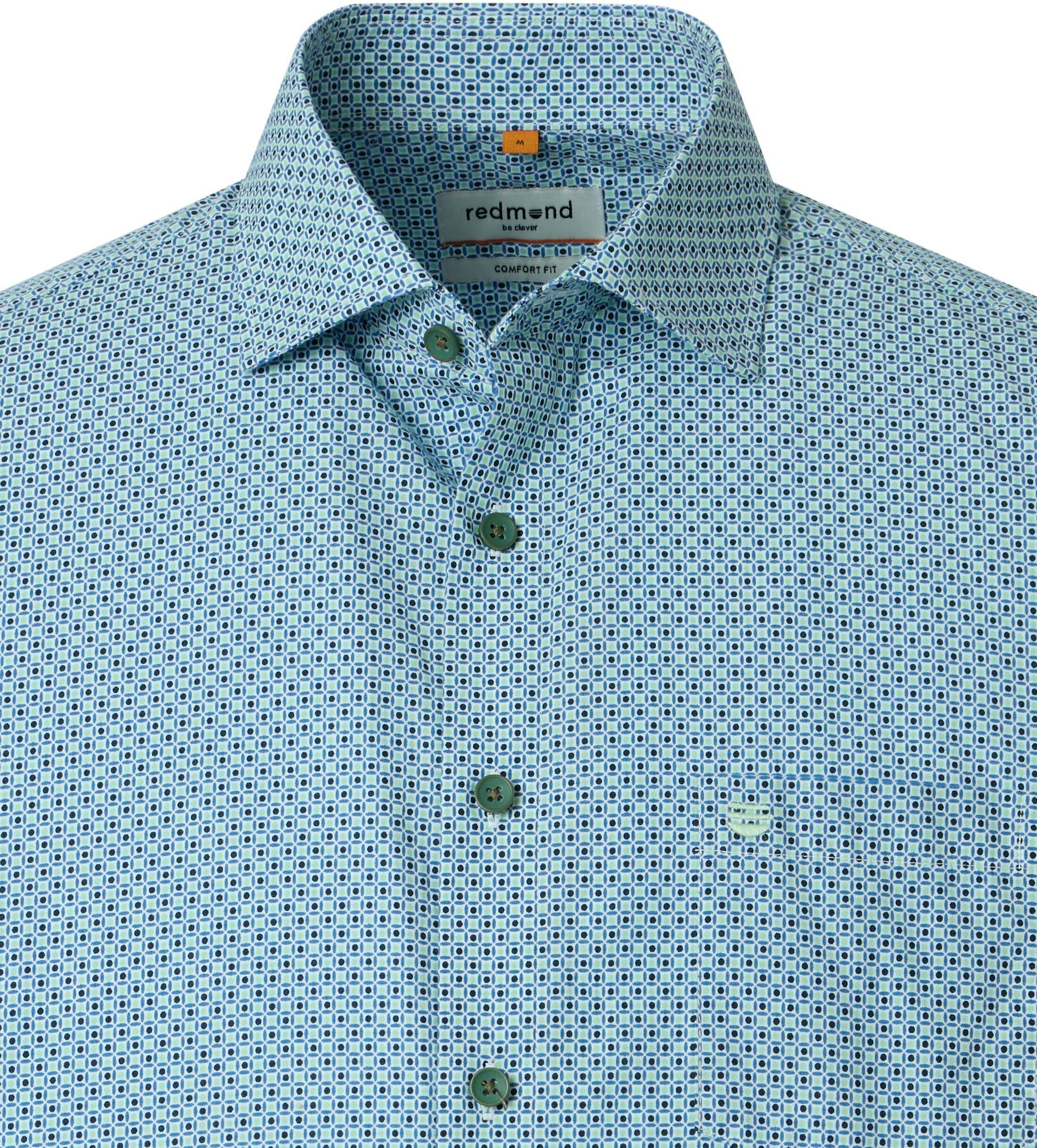 Redmond comfort fit overhemd, korte mouw, popeline, lichtblauw, donkerblauw, groen dessin