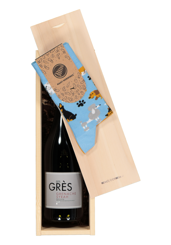 Heren en dames cadeaubox: rode wijn met Many Mornings Playful dog Socks Heren en dames cadeaubox: rode wijn met Many Mornings Playful dog Socks