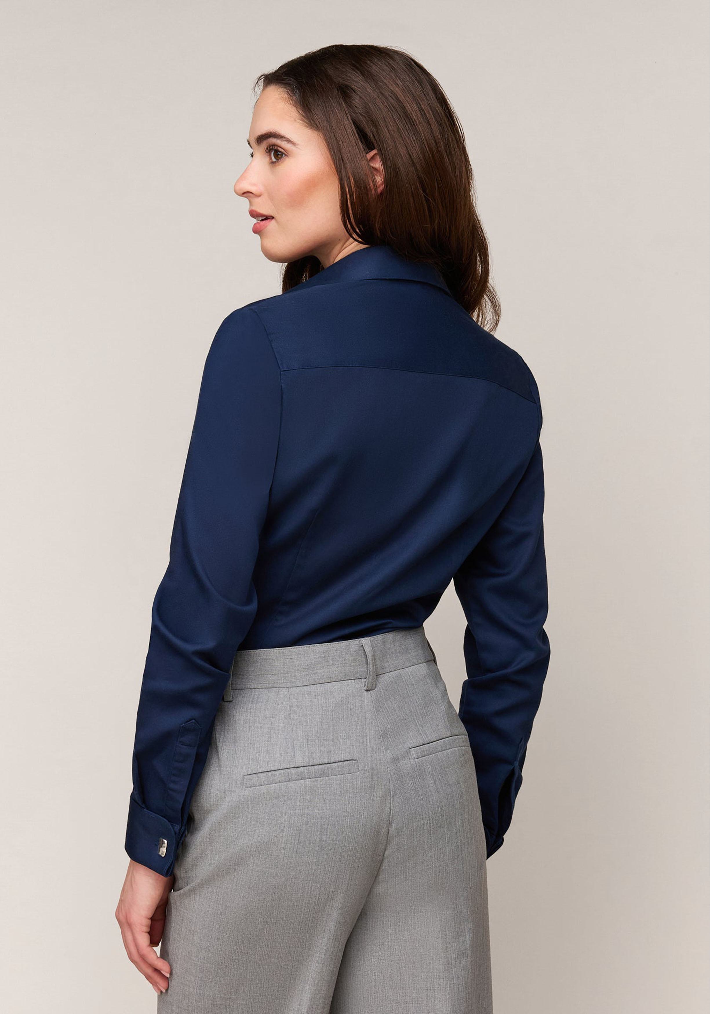 Vander Amsterdam damesblouse slim fit dubbele manchet, twill, navy