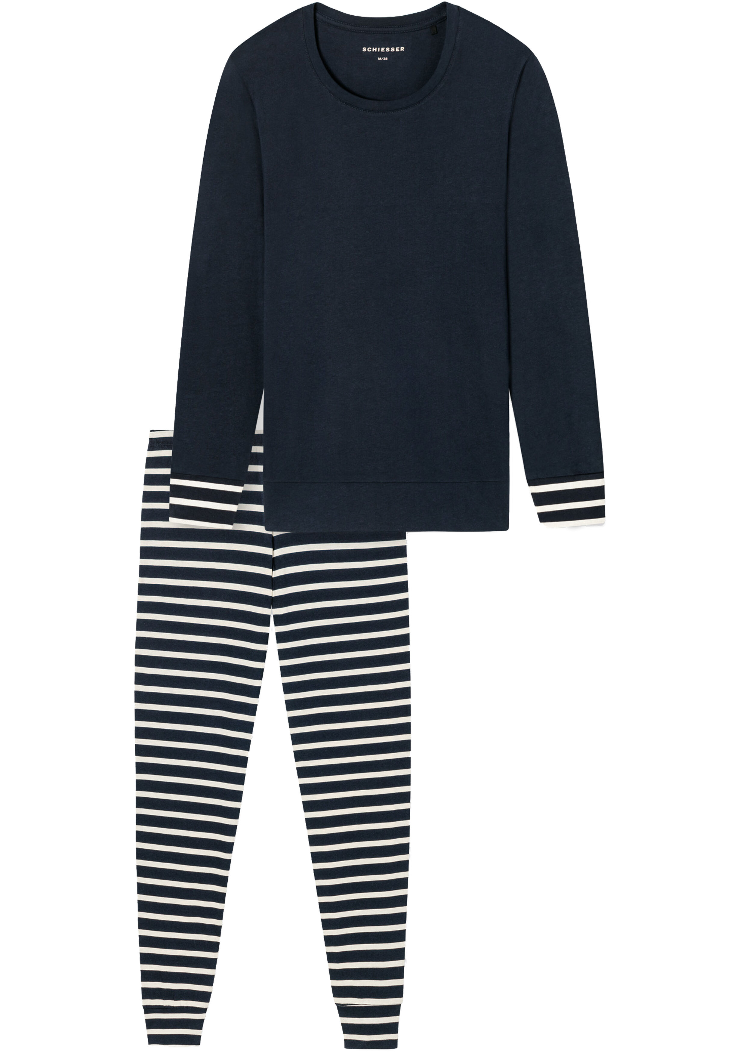 SCHIESSER dames Cotton Essentials Pyjama lang, dames pyjama set, nachtblauw gestreept