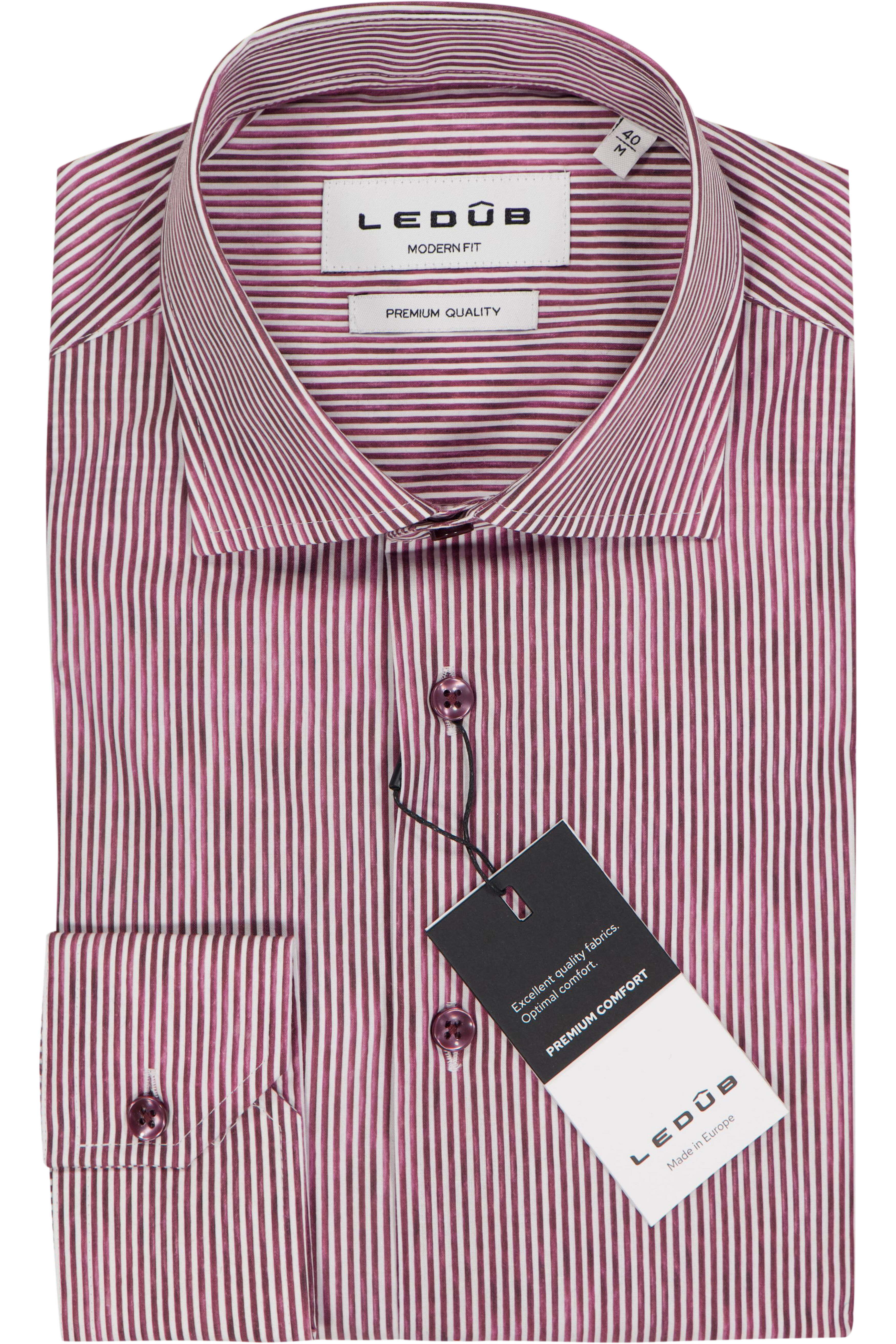 Ledub modern fit overhemd, popeline, donkerrood gestreept