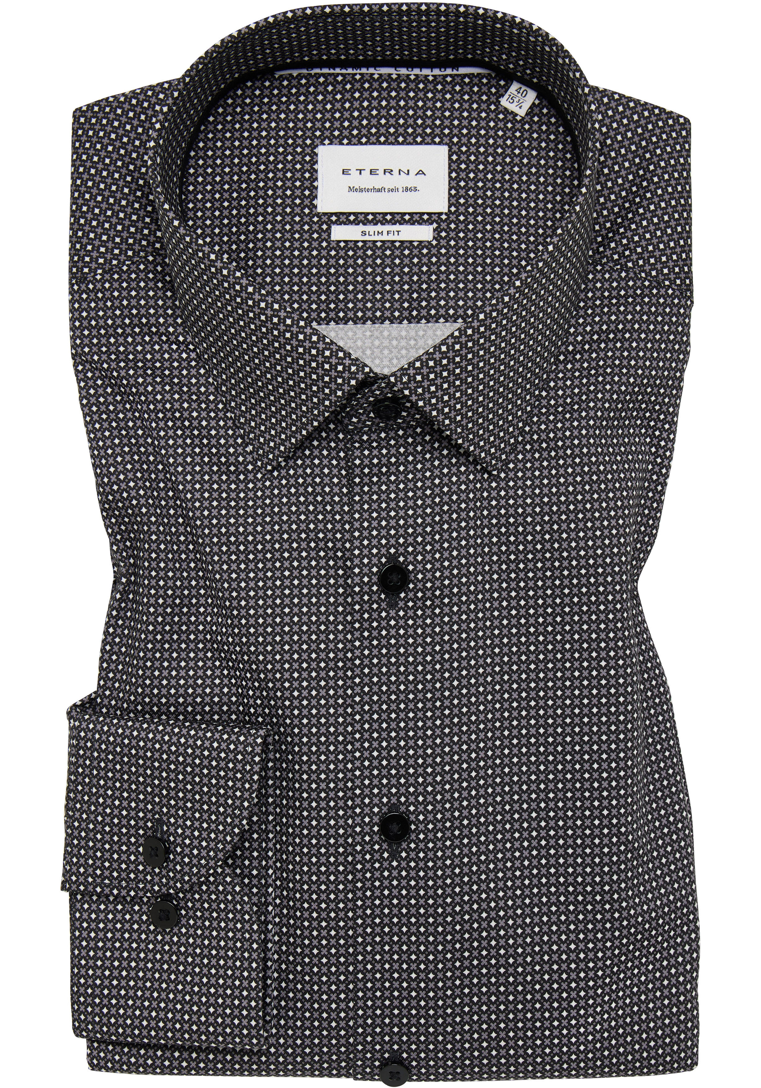 ETERNA slim fit overhemd, twill, zwart met grijs en wit dessin