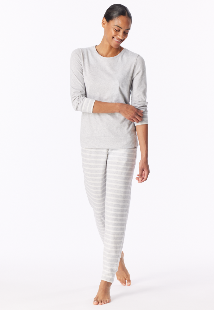 SCHIESSER dames Cotton Essentials Pyjama lang, dames pyjama set, zilvergrijs melange gestreept