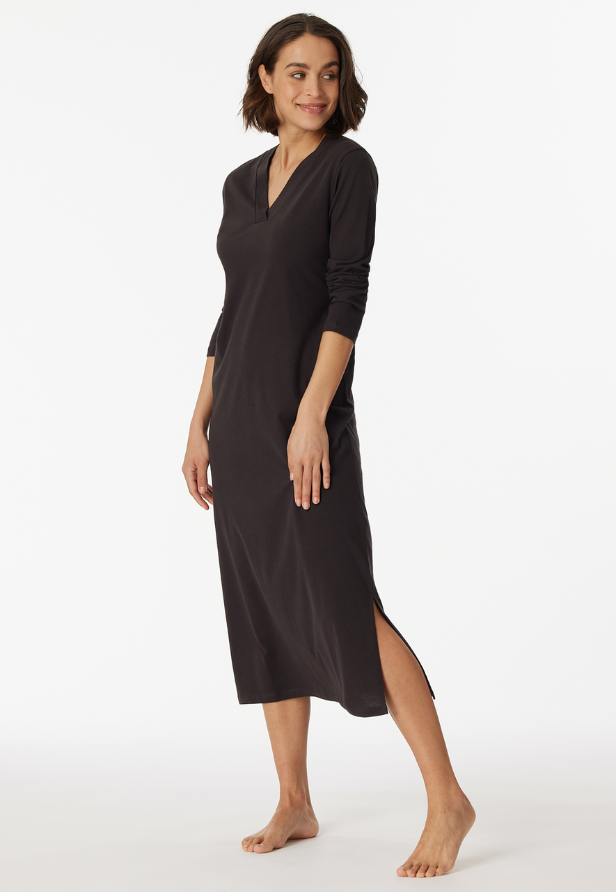 SCHIESSER Comfort Nightwear nachthemd, dames nachthemd lange mouwen biologisch katoen V-hals antraciet