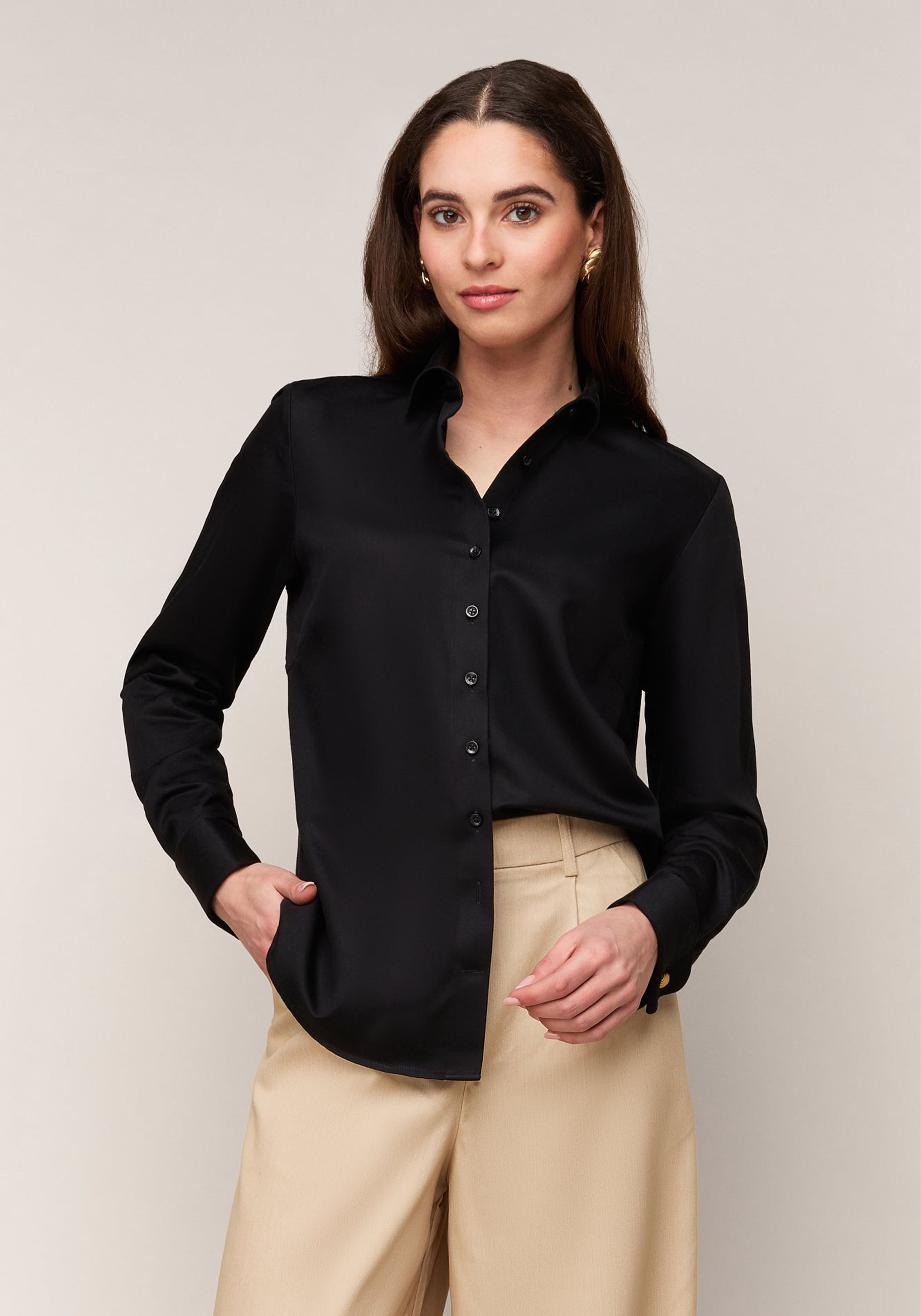Vander Amsterdam damesblouse regular fit dubbele manchet, twill, zwart
