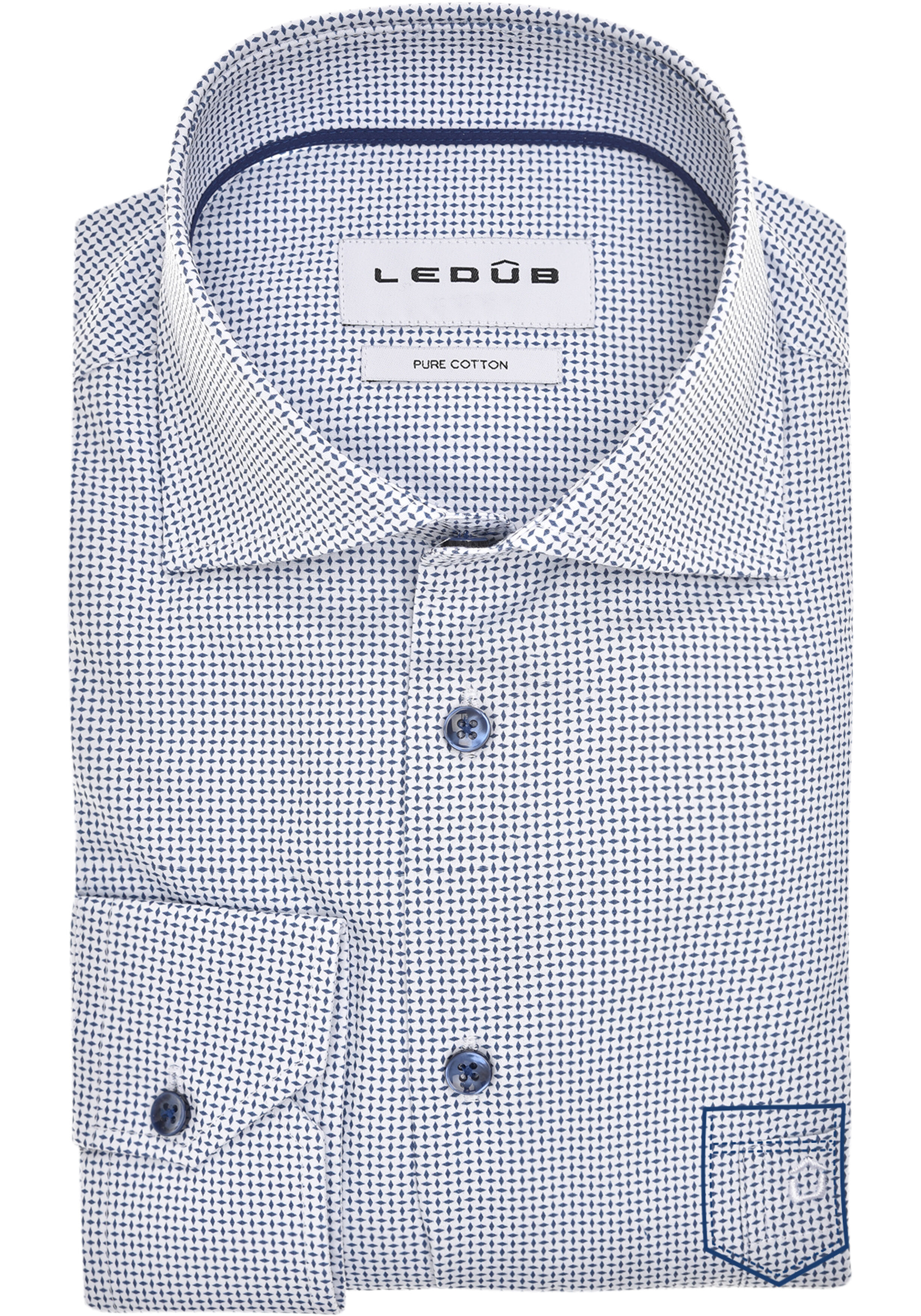 Ledub modern fit overhemd, mouwlengte 72 cm, popeline, wit met blauw mini dessin