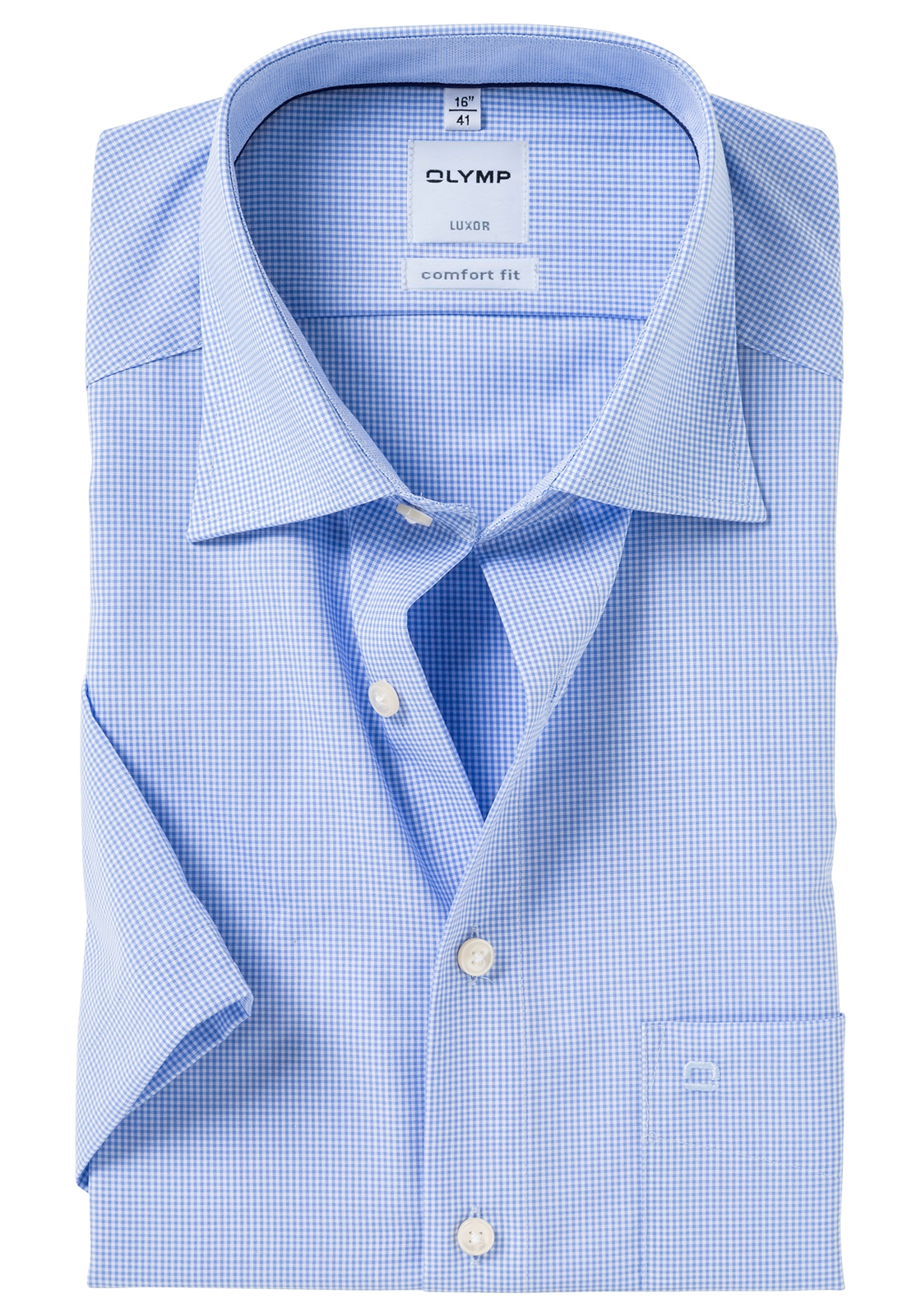 olymp_comfort_fit_overhemd_blauw_geruit OLYMP Luxor comfort fit overhemd, korte mouw, lichtblauw met wit geruit (contrast)
