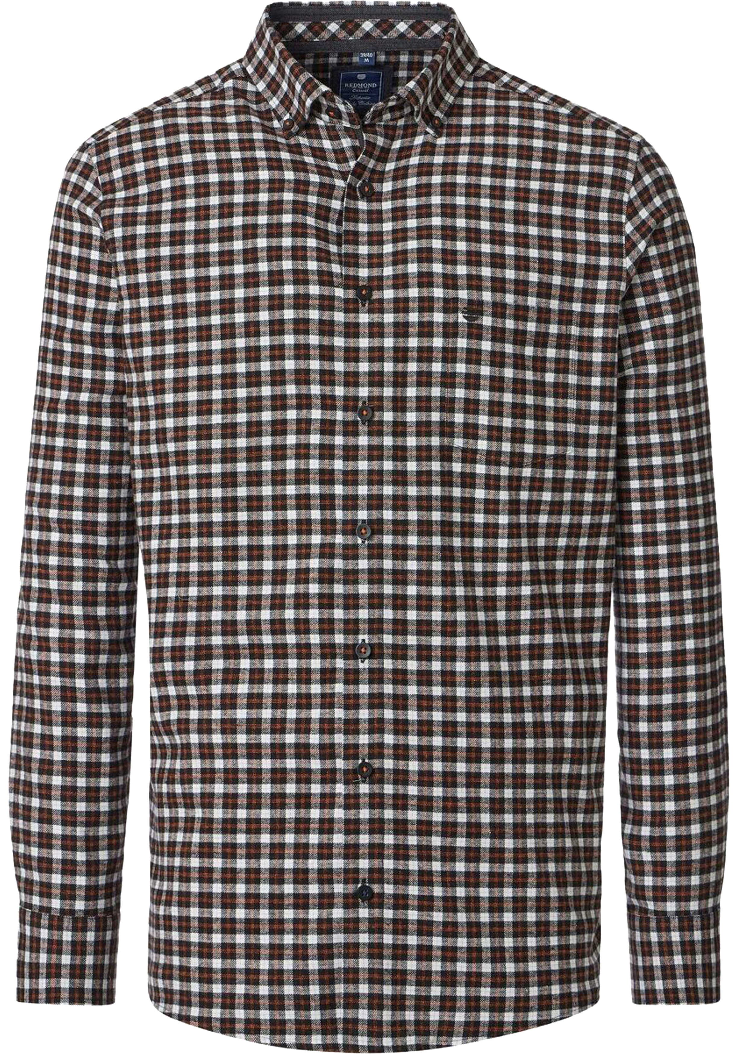 Redmond modern fit overhemd, flanel, zwart met wit en oranje geruit