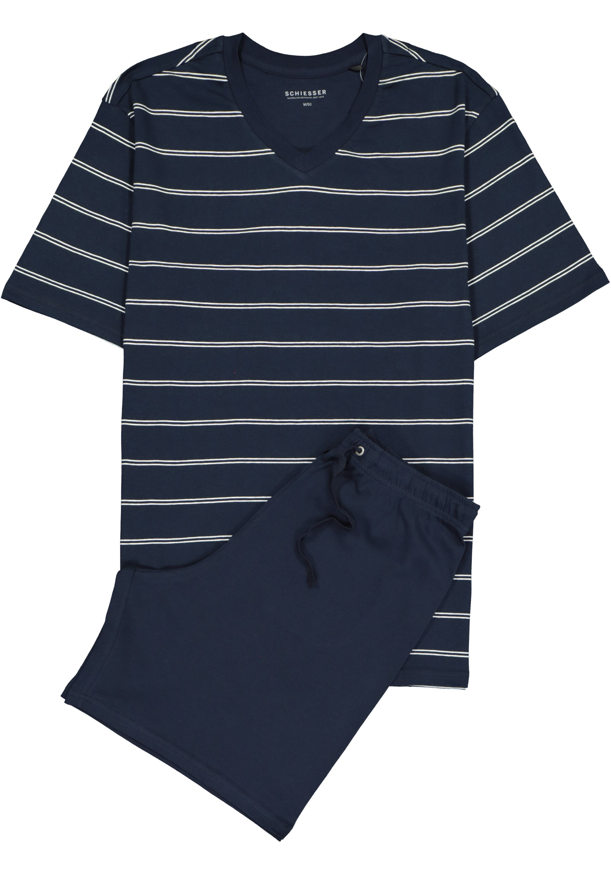 SCHIESSER heren shortama, V-hals, blauw met wit gestreept