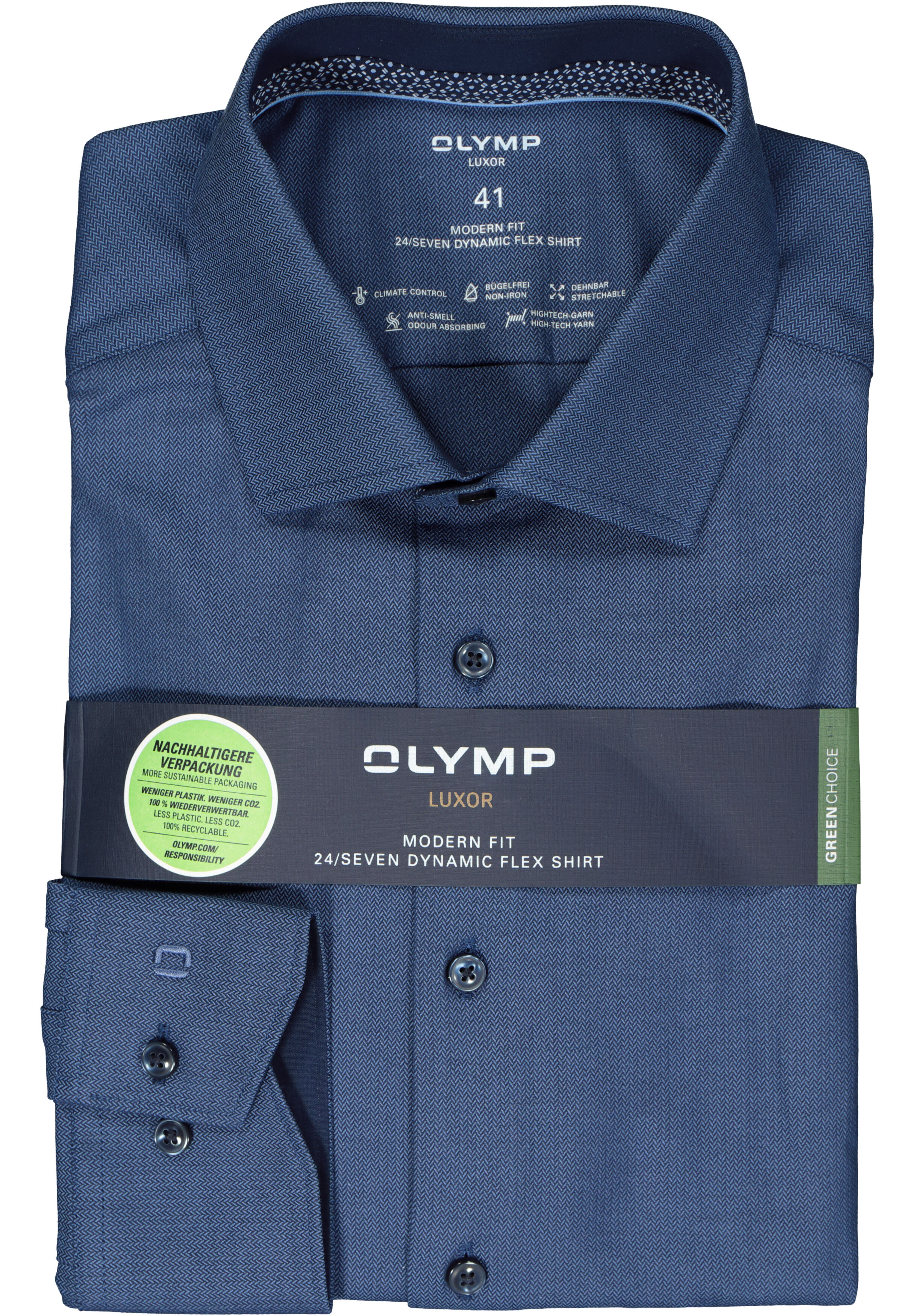 OLYMP 24/7 modern fit overhemd, herringbone, marine blauw (contrast)