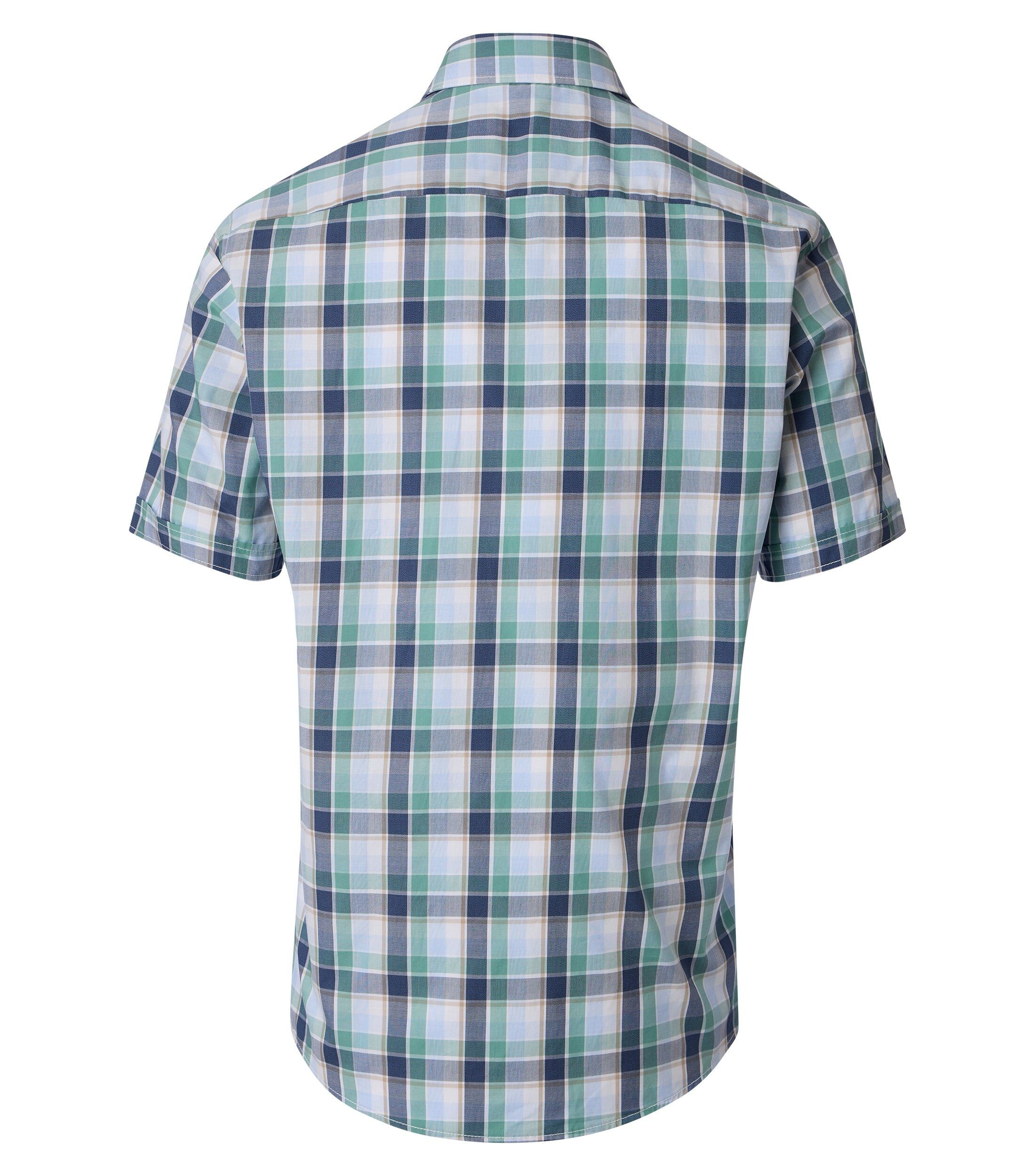 CASA MODA Sport casual fit overhemd, korte mouw, satijnbinding, wit met blauw, groen en beige geruit
