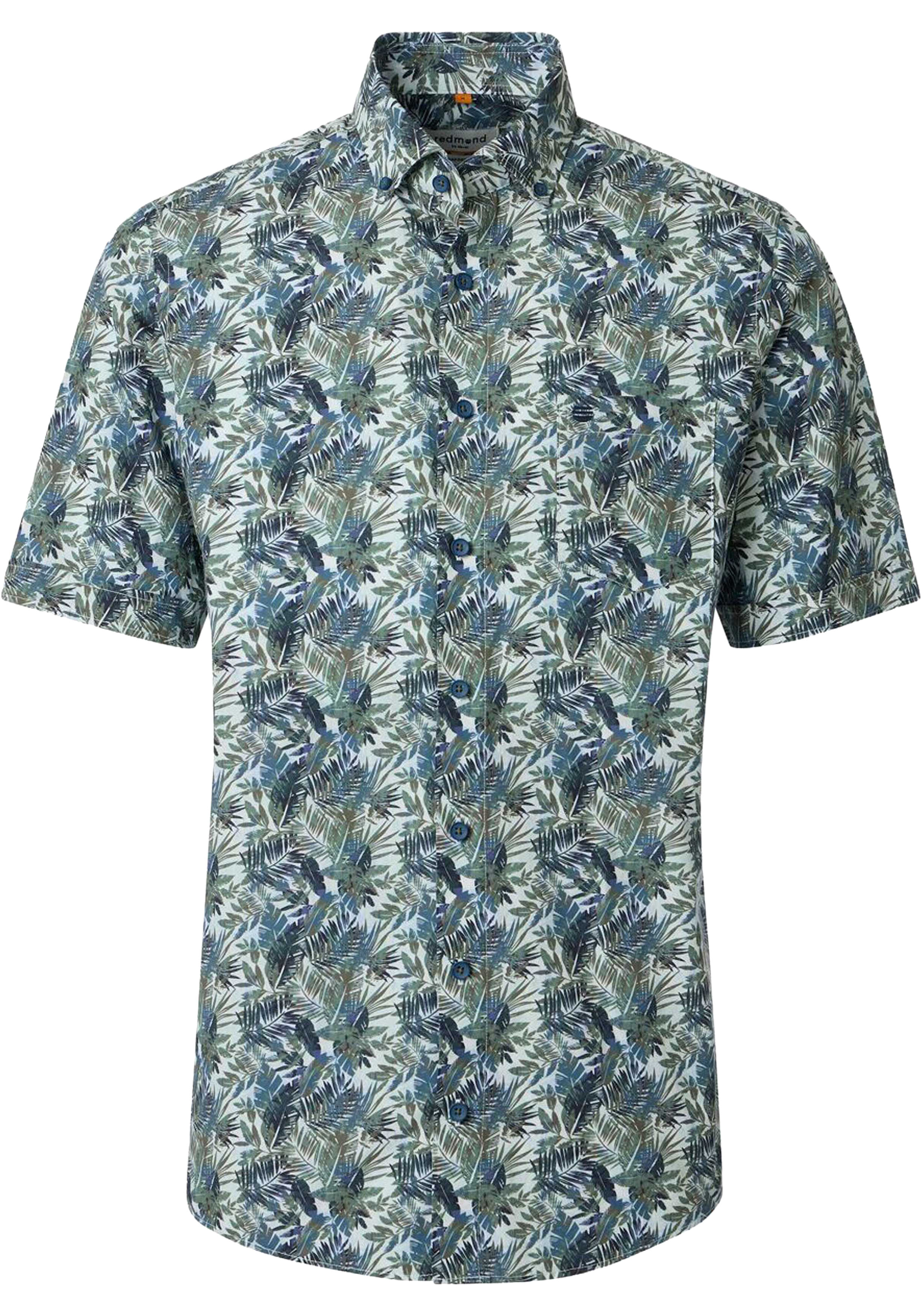Redmond comfort fit overhemd, korte mouw, popeline, blauw met groen dessin