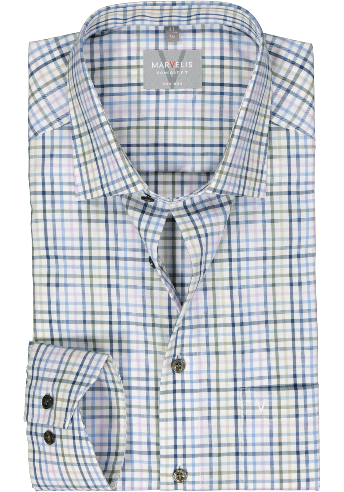 1-4062534787402_marvelis-overhemd_HR MARVELIS comfort fit overhemd, popeline, wit met blauw, lila en groen geruit