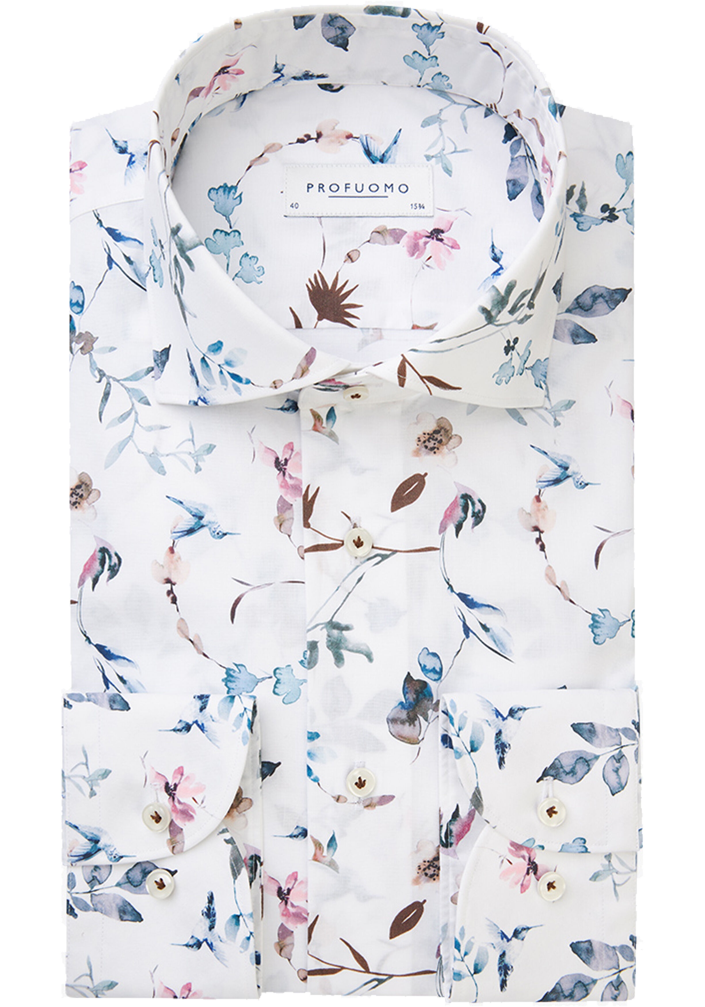 Profuomo slim fit heren overhemd, popeline, wit met blauw en roze dessin