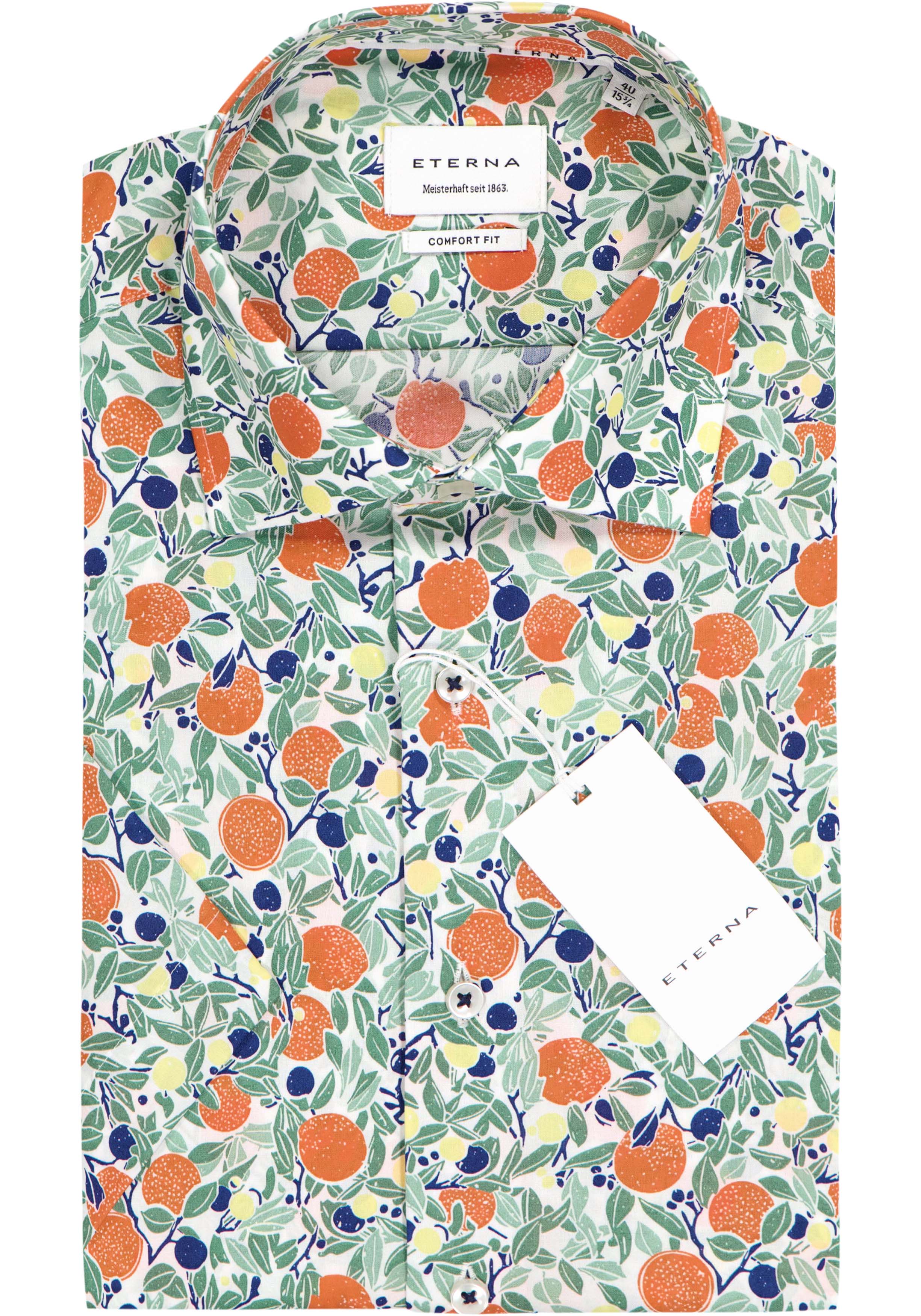ETERNA comfort fit overhemd korte mouw, popeline, wit met groen, blauw en oranje fruit dessin