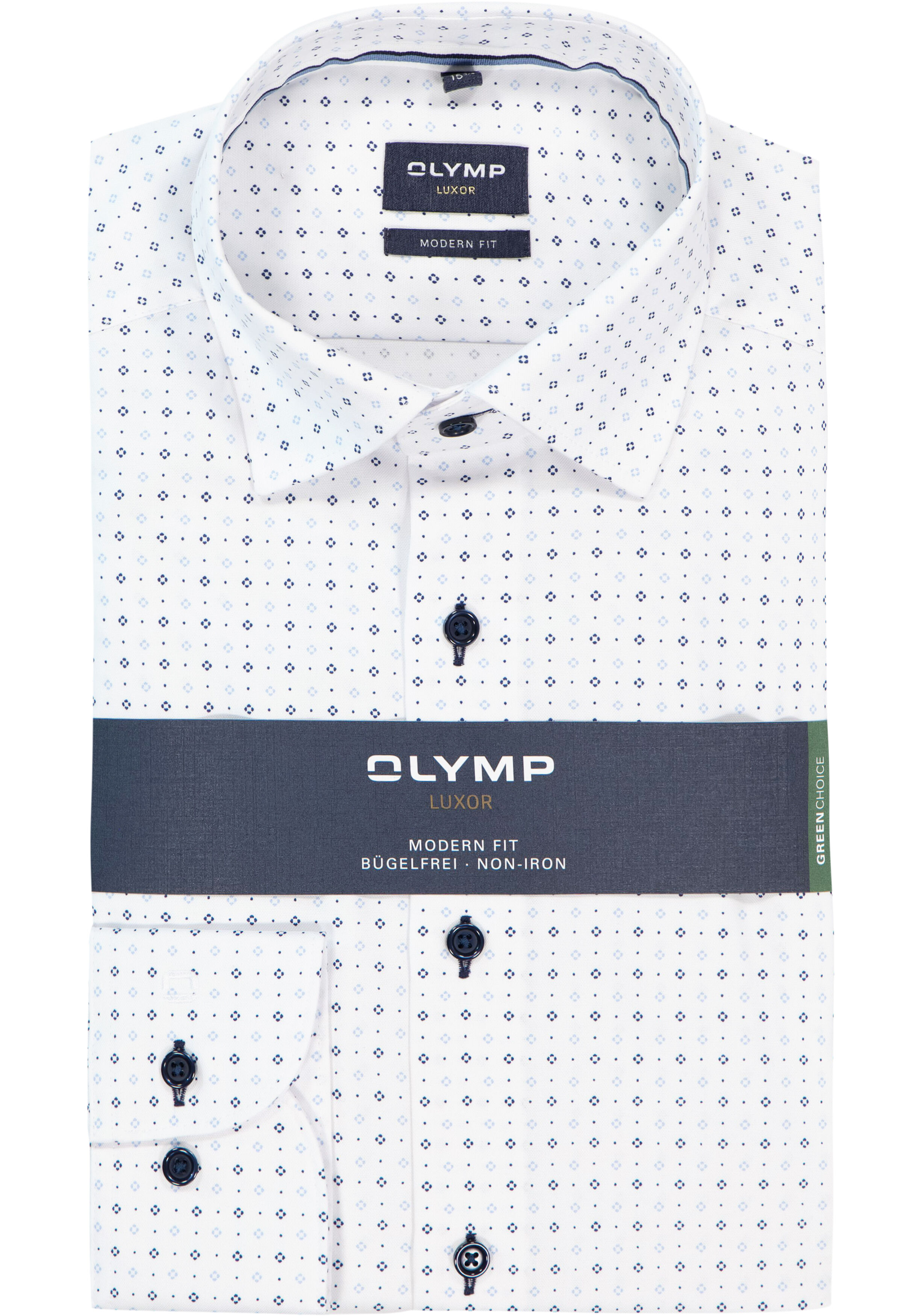 OLYMP Luxor modern fit overhemd, dobby, wit met licht- en donkerblauw dessin