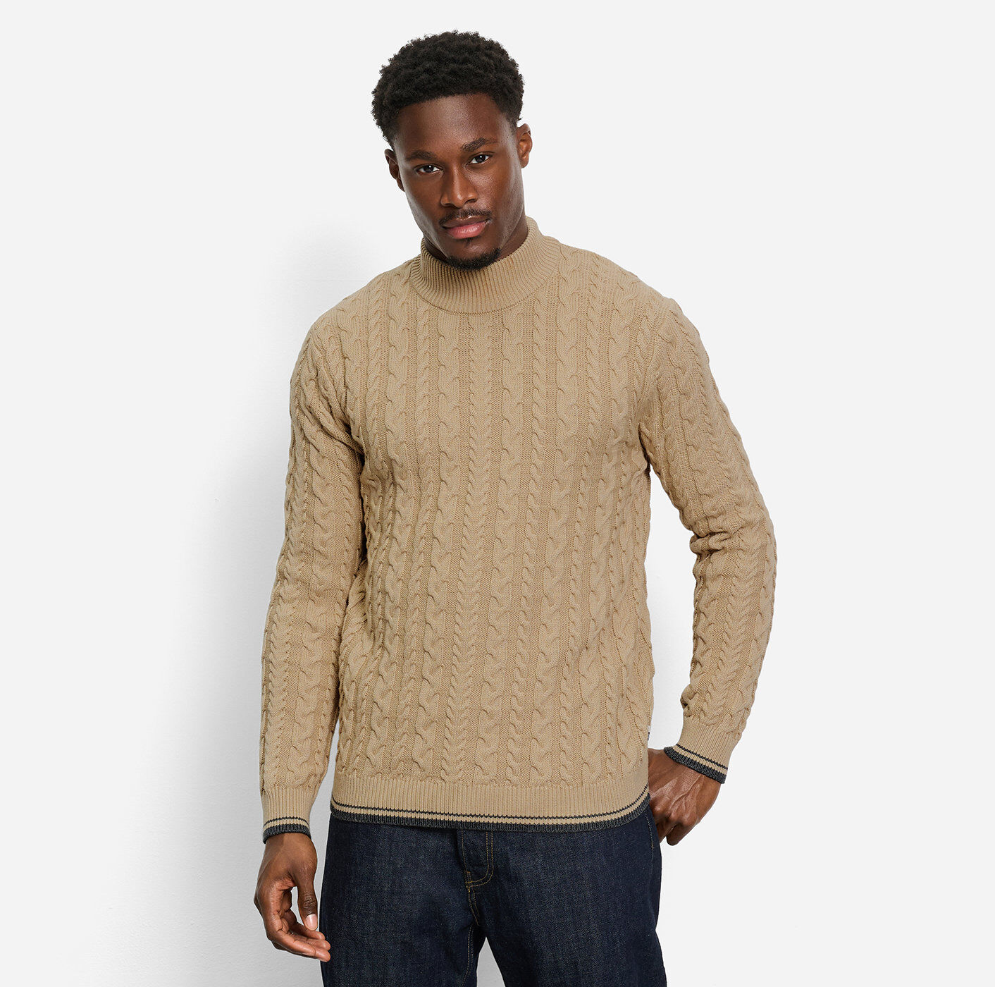 OLYMP modern fit trui wolmengsel, kabeltrui, turtleneck, beige