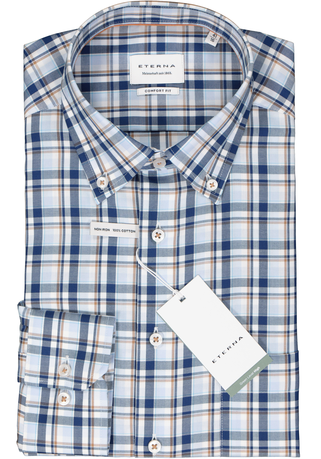 2-4067159317355_eterna-overhemd_HR ETERNA comfort fit overhemd, twill, wit, blauw en beige geruit