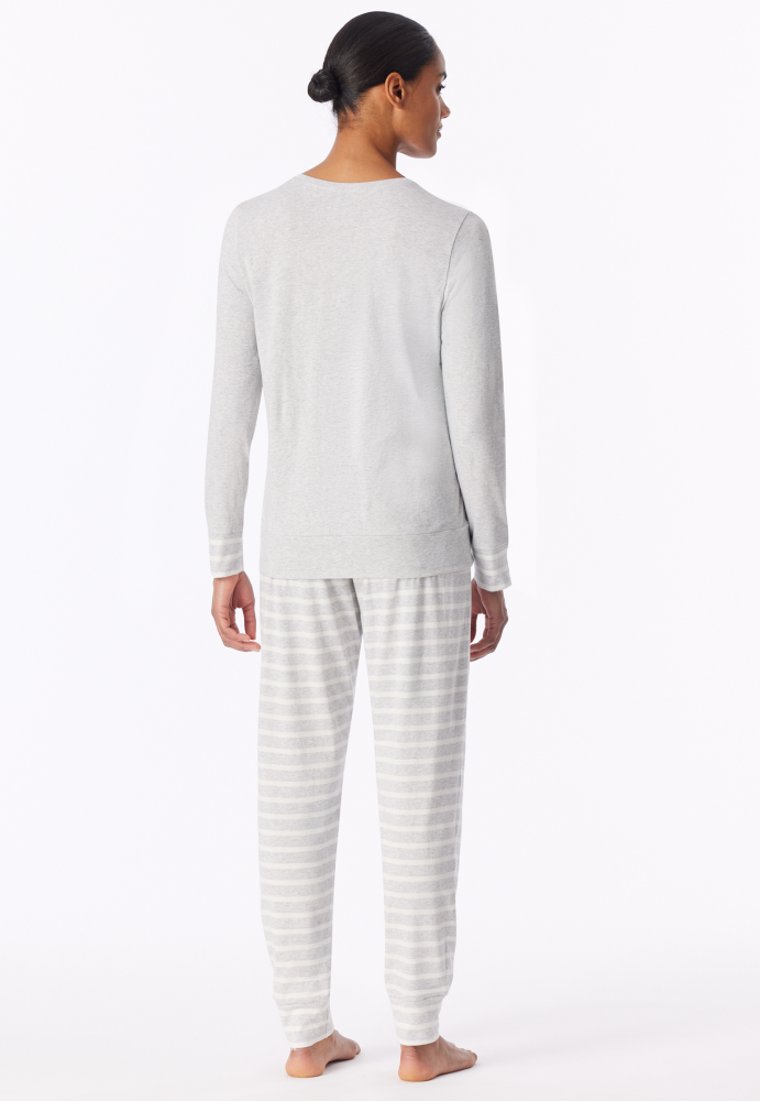 SCHIESSER dames Cotton Essentials Pyjama lang, dames pyjama set, zilvergrijs melange gestreept