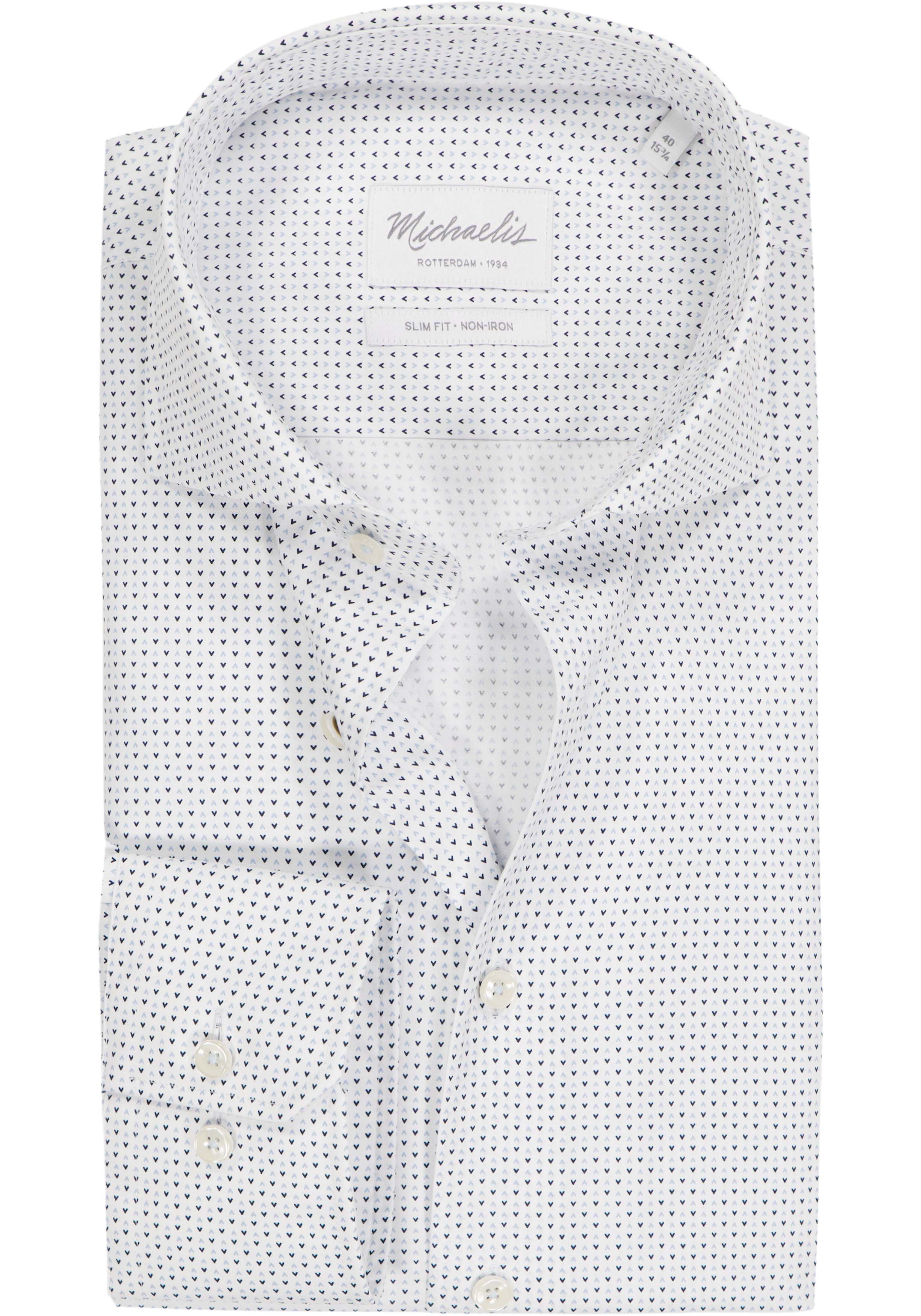 Michaelis slim fit heren overhemd, popeline, wit met licht- en donkerblauw dessin