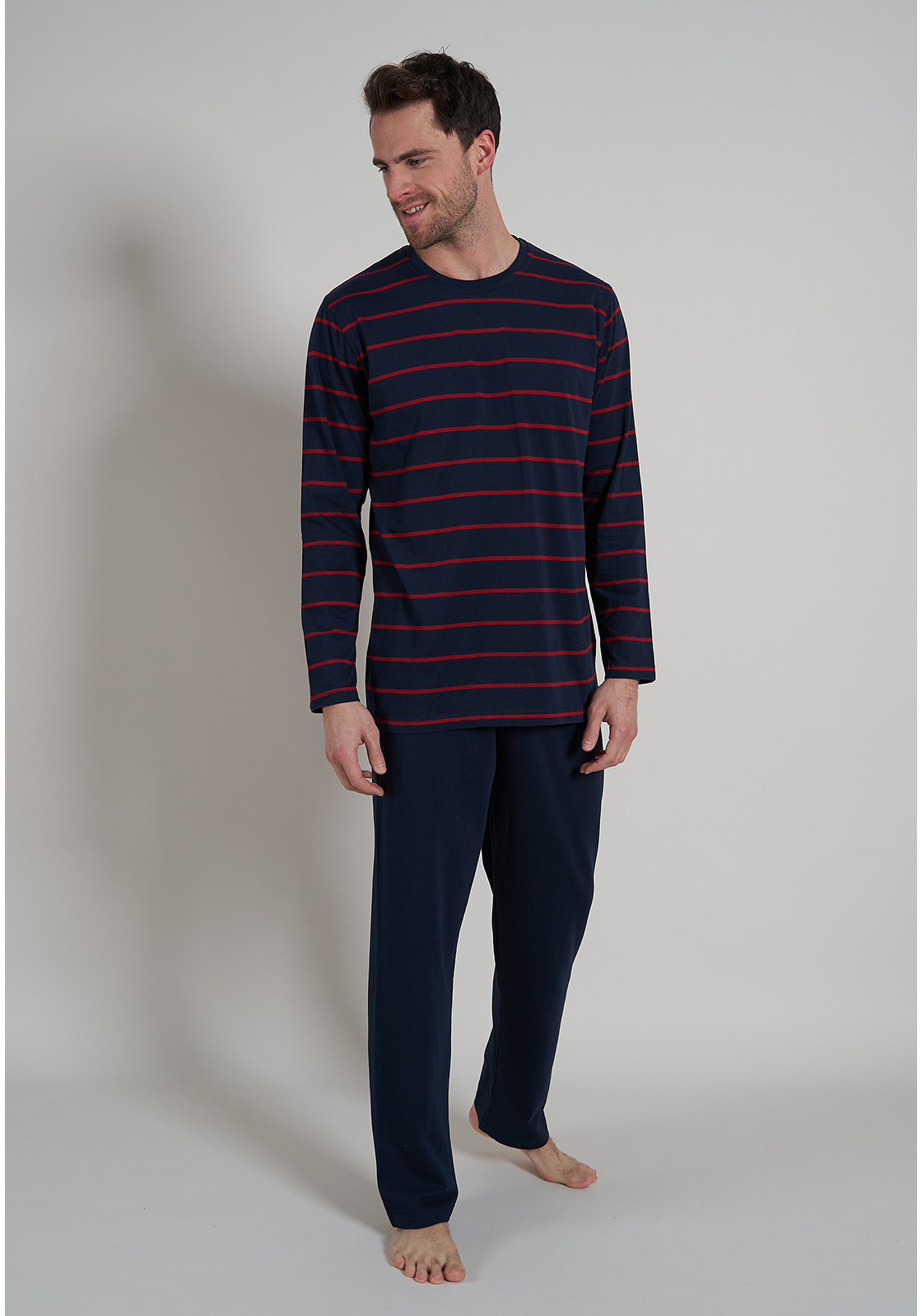 image_2_056097-4065-0432-01 BUGATTI heren pyjama O-hals, donkerrood gestreept