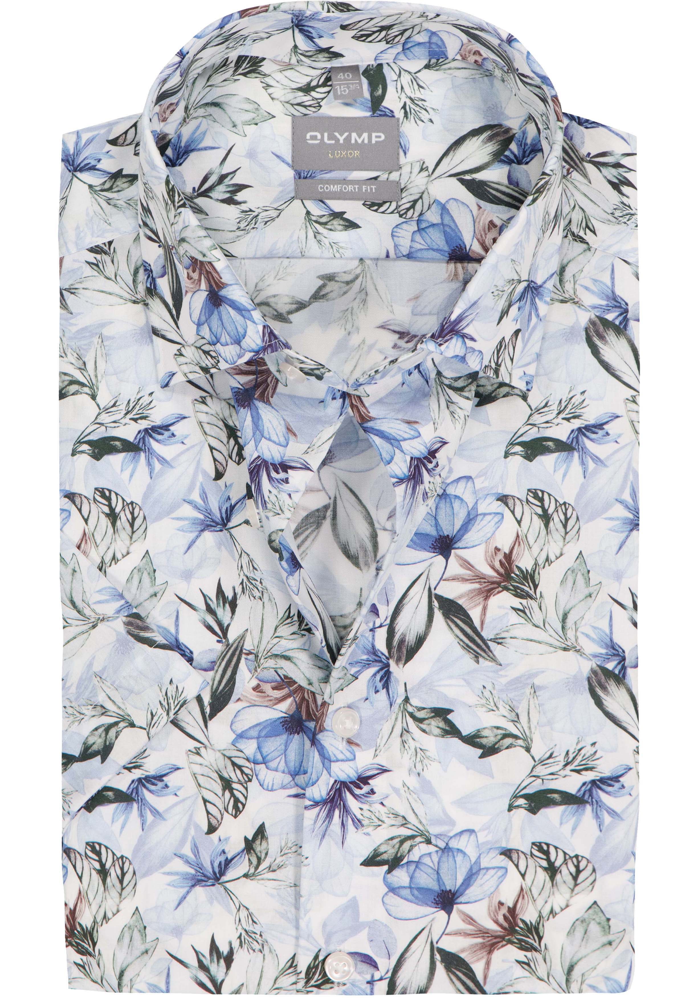 OLYMP Luxor comfort fit overhemd, korte mouw, dobby, wit met blauw en groen bloemen dessin
