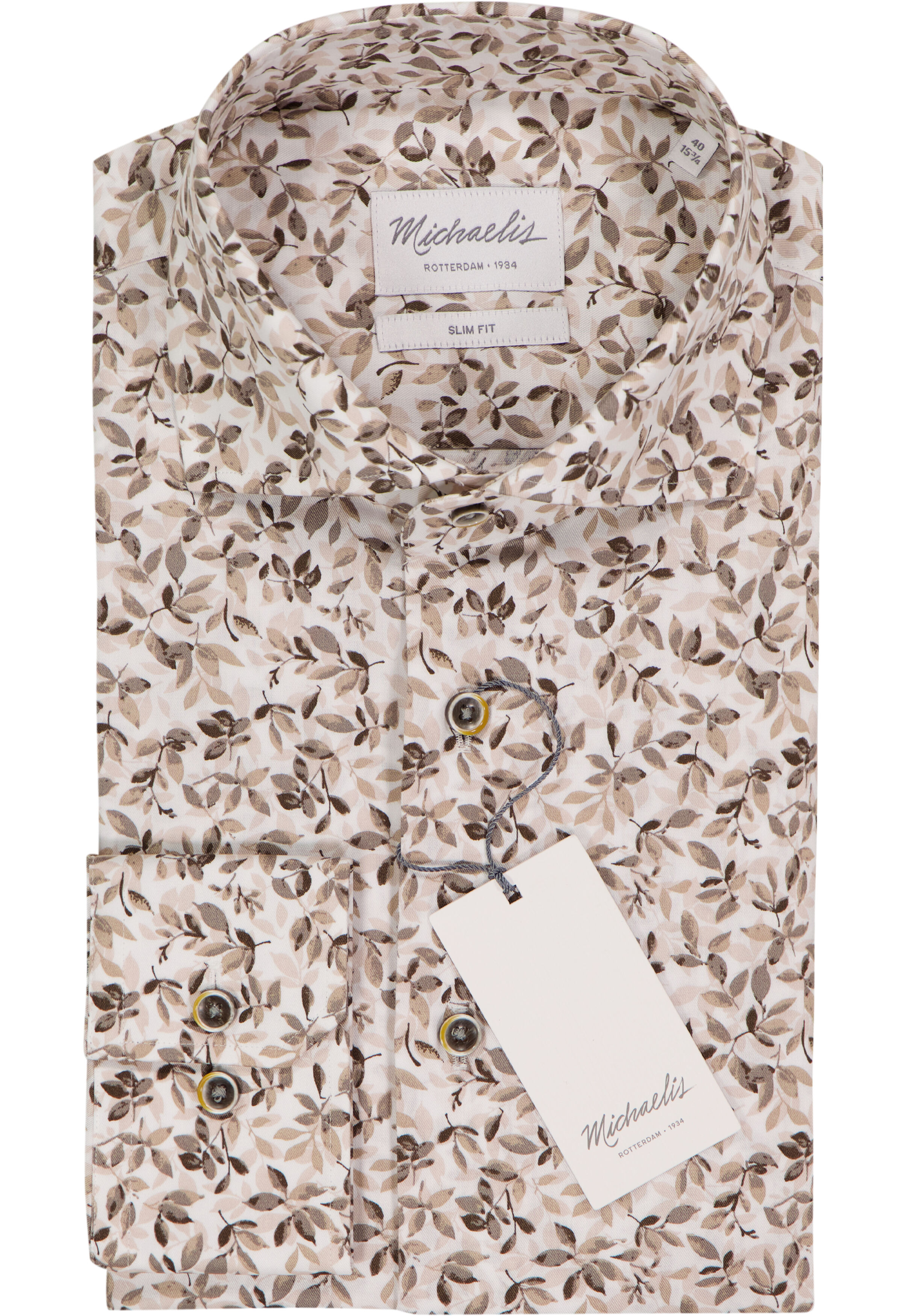 Michaelis slim fit heren overhemd, popeline, bruin en beige met wit bladeren dessin