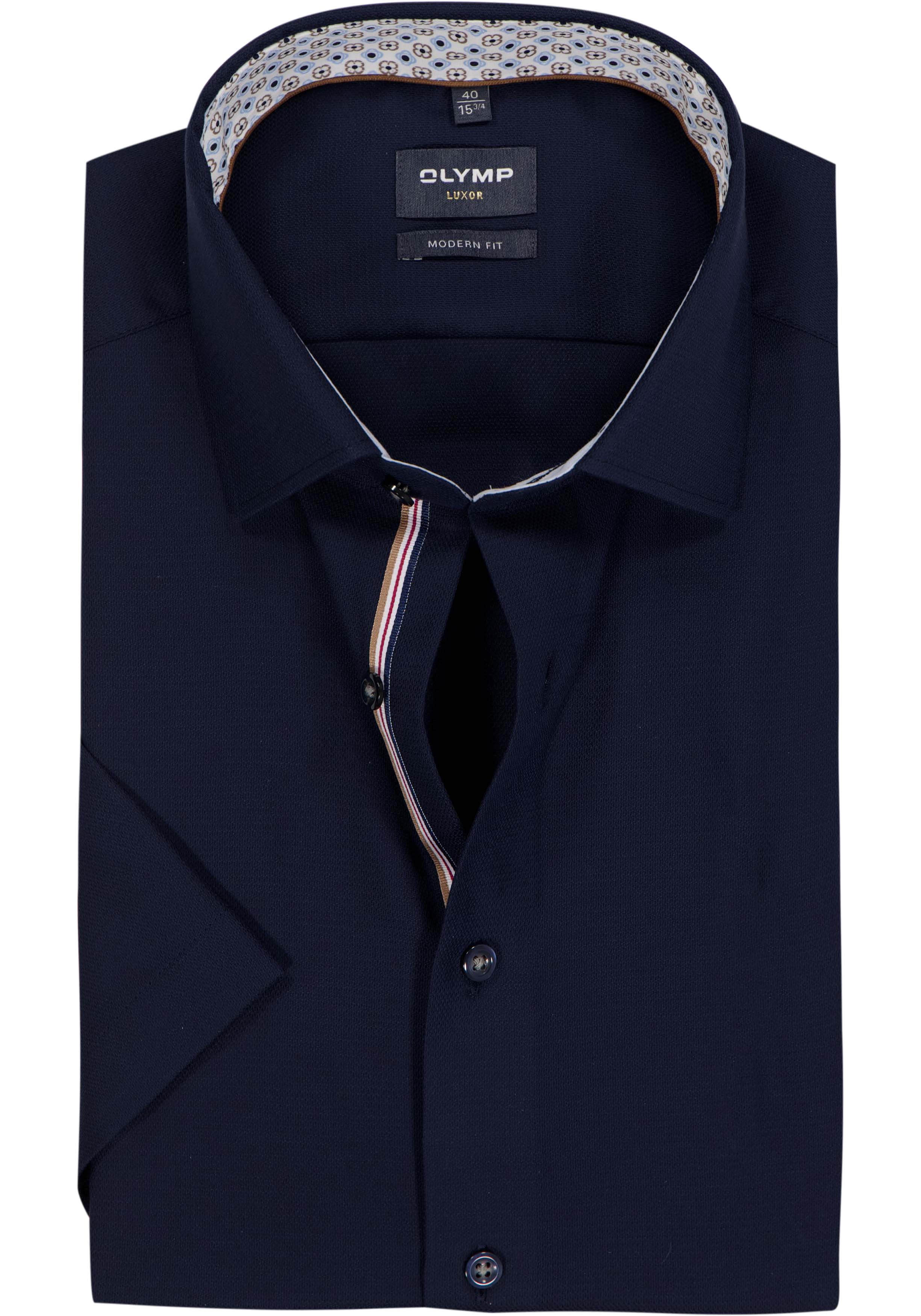 OLYMP Luxor modern fit overhemd, korte mouw, structuur, marine blauw