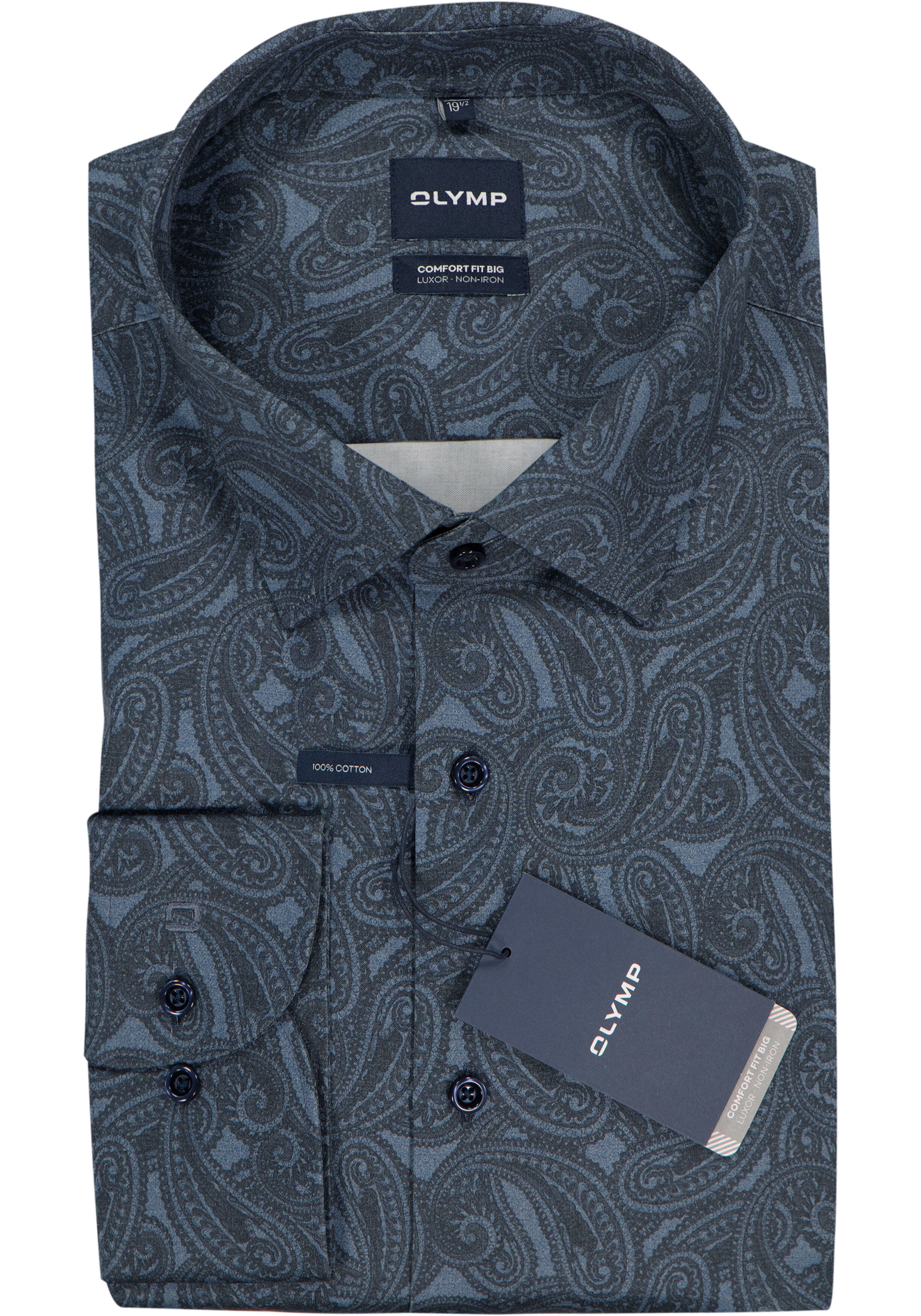 OLYMP Luxor comfort fit Big overhemd, dobby, donker- met lichtblauw dessin