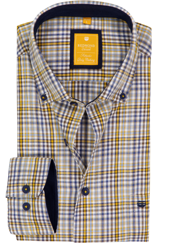 Redmond modern fit overhemd, twill, blauw, grijs, geel en wit geruit Redmond modern fit overhemd, twill, blauw, grijs, geel en wit geruit