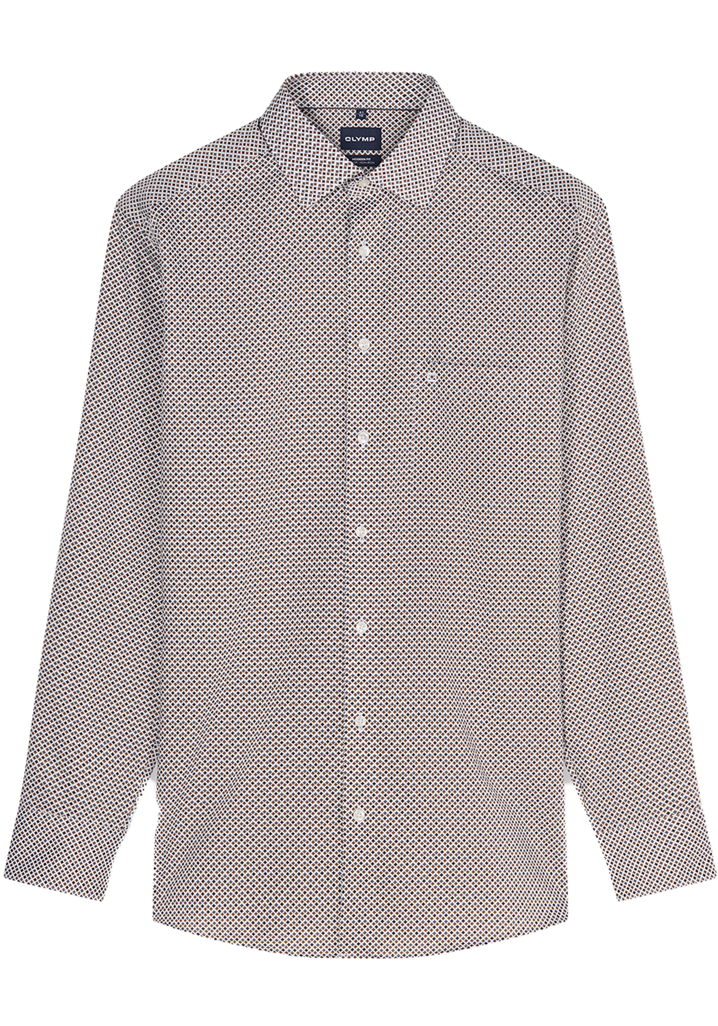 OLYMP Luxor modern fit overhemd, popeline, wit met blauw en bruin dessin