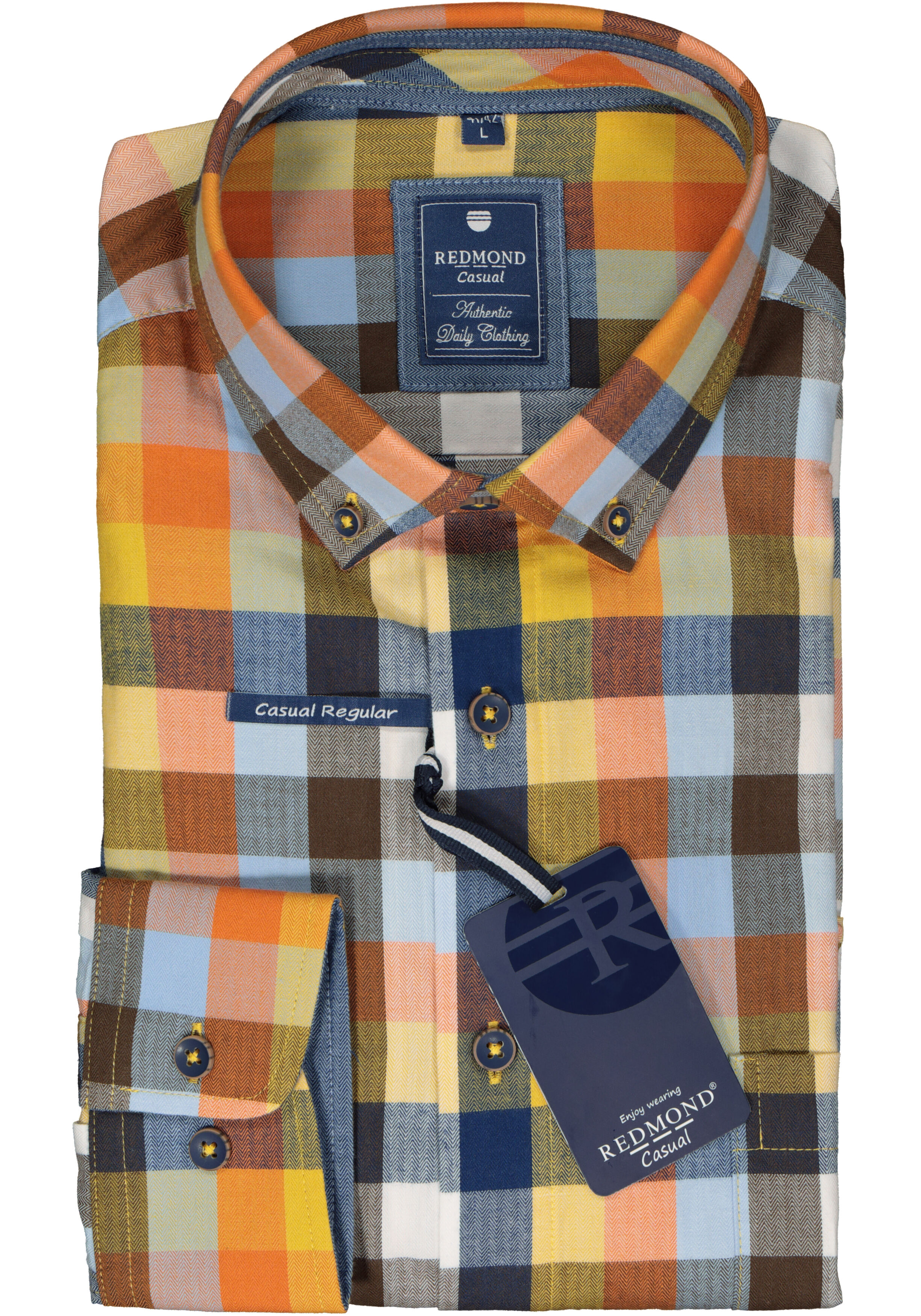 Redmond regular fit overhemd, herringbone, blauw, oranje en geel geruit
