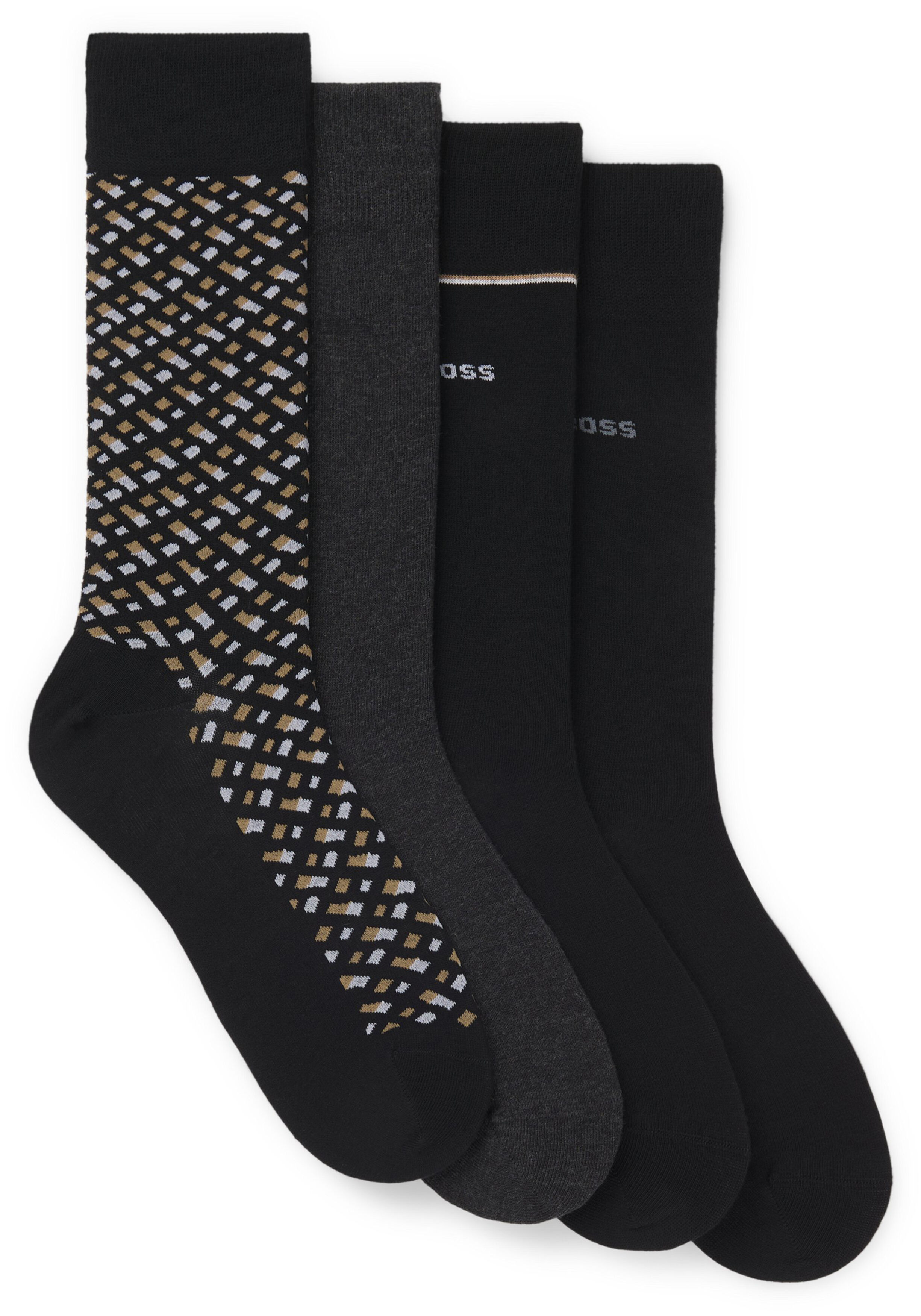 BOSS cadeauset herensokken (4-pack), zwart, grijs, blauw en zwart, beige wit dessin
