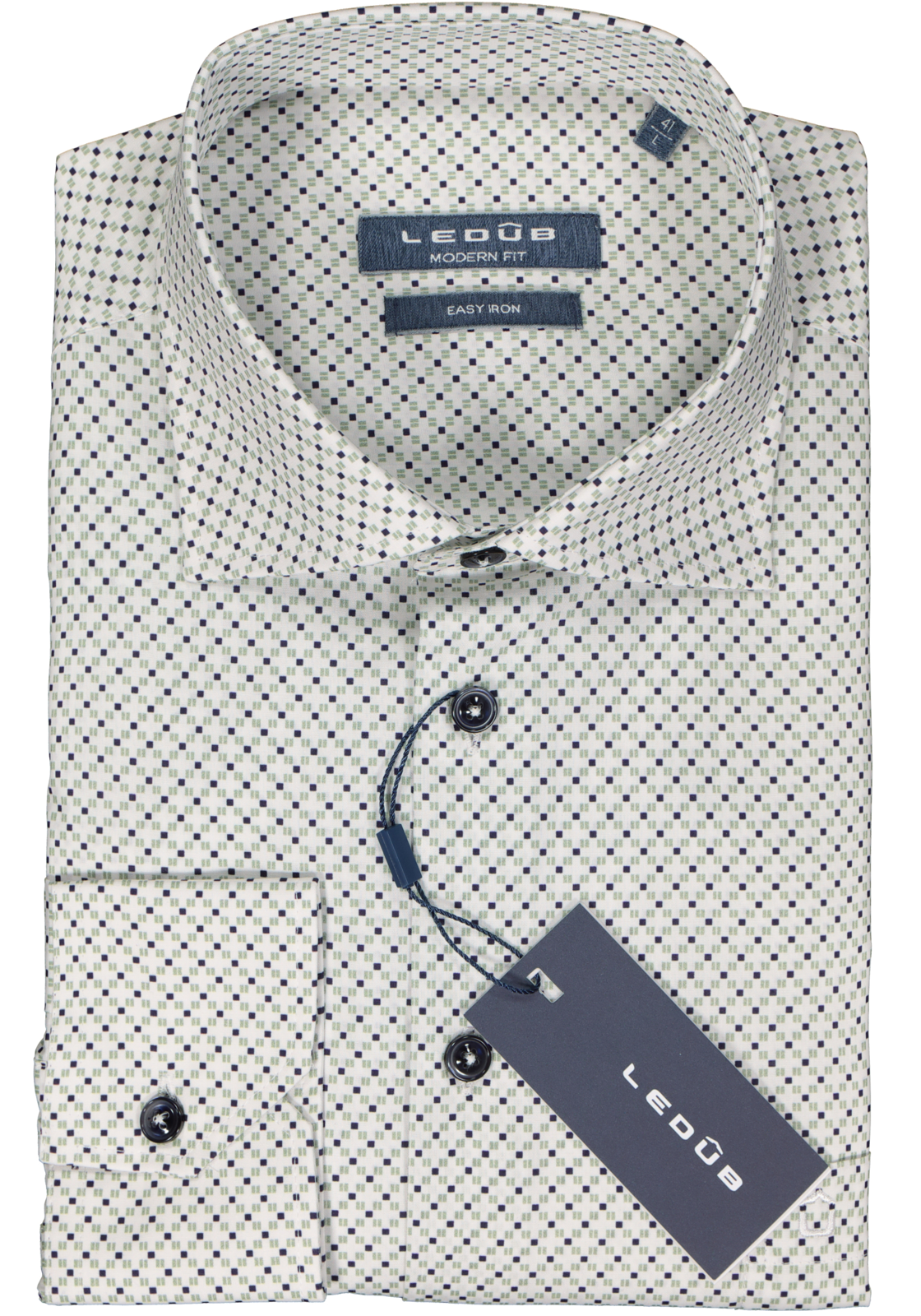 2-8717126095675_Ledub_overhemd_HR Ledub modern fit overhemd, popeline, wit met groen en donkerblauw dessin