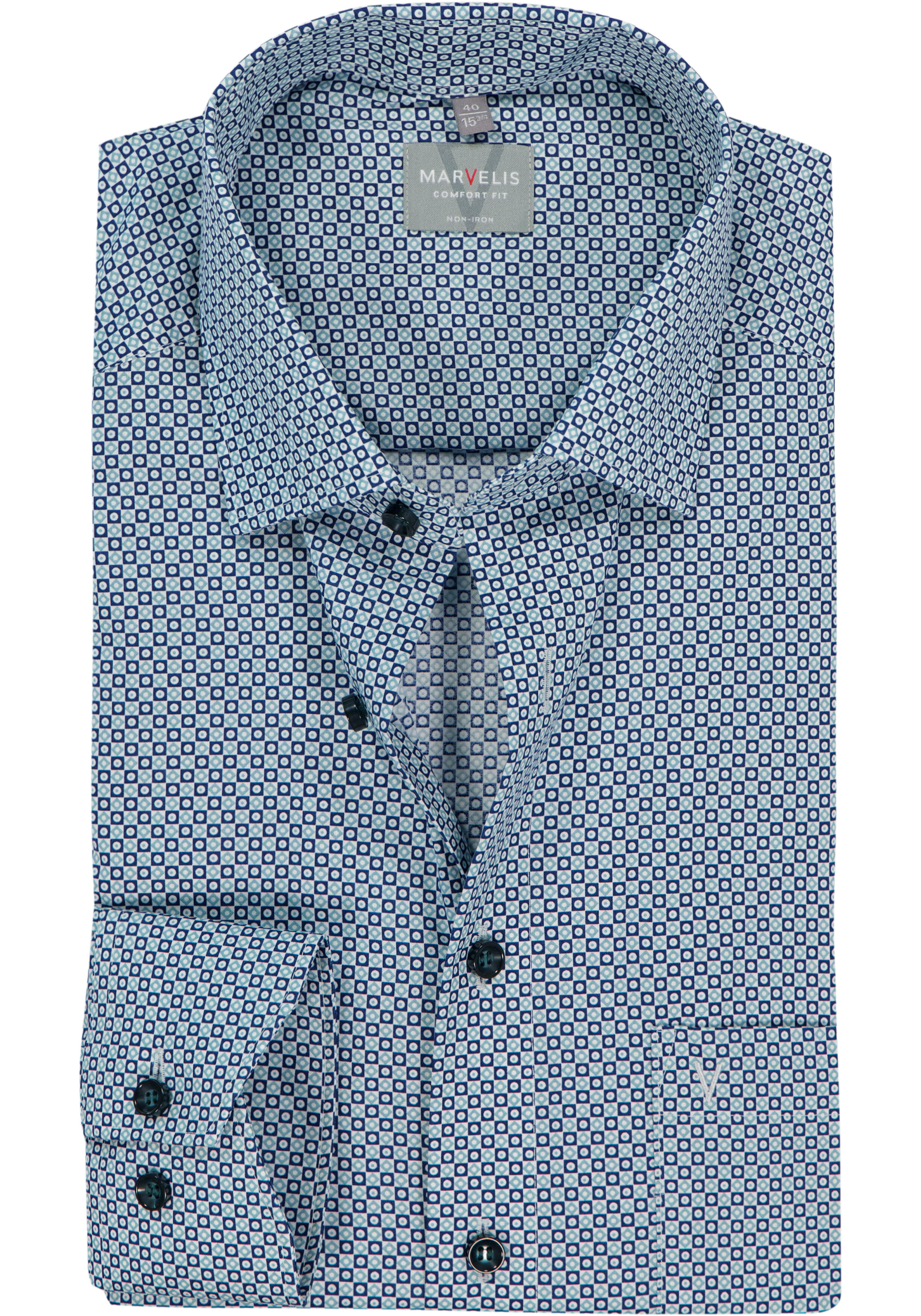 MARVELIS comfort fit overhemd, popeline, wit met donkerblauw en groen dessin