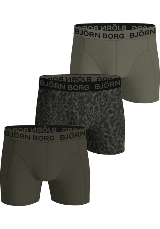 Bjorn Borg Cotton Stretch boxers, heren boxers normale lengte (3-pack), 2 tinten groen en luipaard print Bjorn Borg Cotton Stretch boxers, heren boxers normale lengte (3-pack), 2 tinten groen en luipaard print